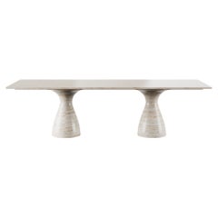 Minimal Scandinavian Modern White Dining Table in Travertine Marble Curved Legs
