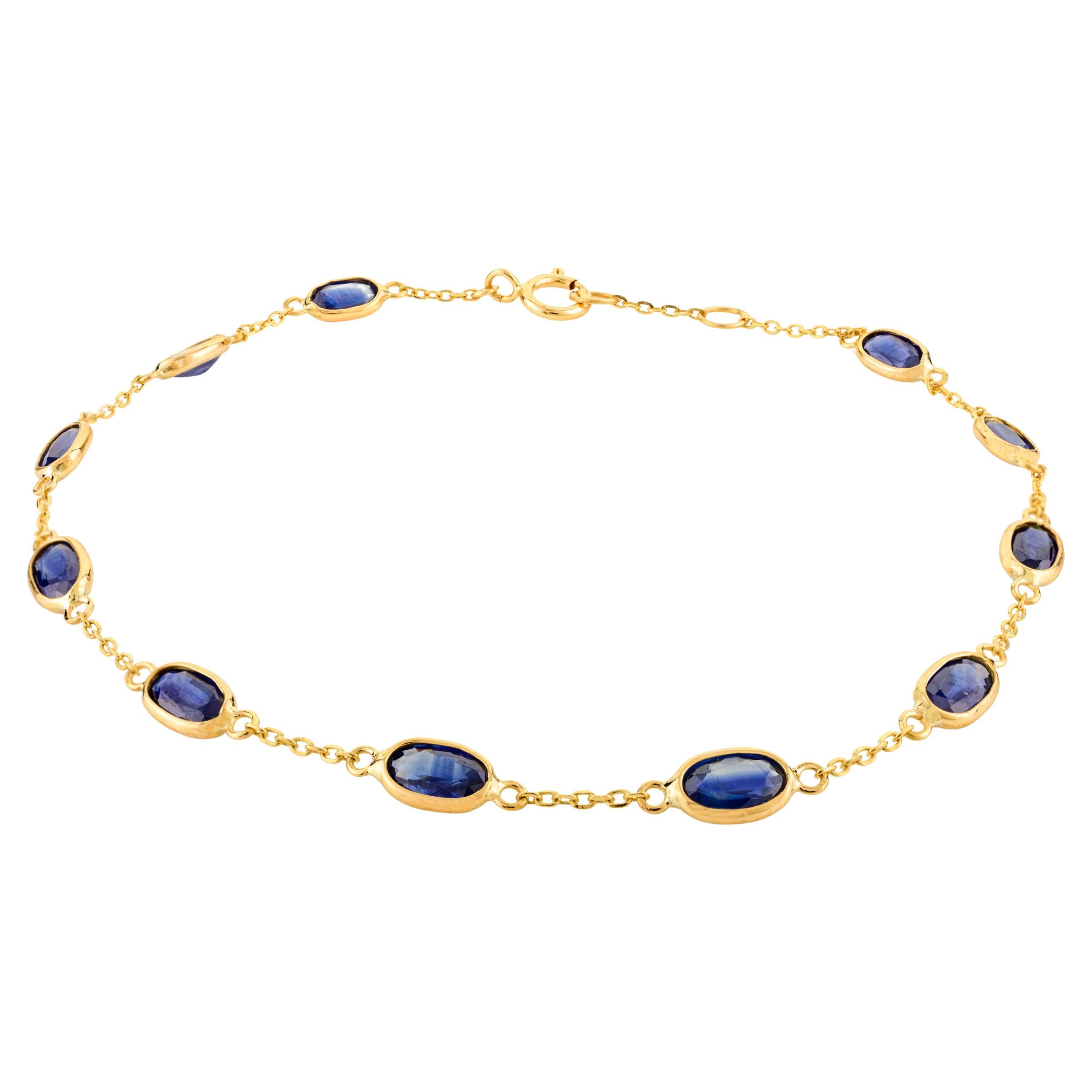 Minimal September Birthstone Blue Sapphire Chain Bracelet in 18k Yellow Gold