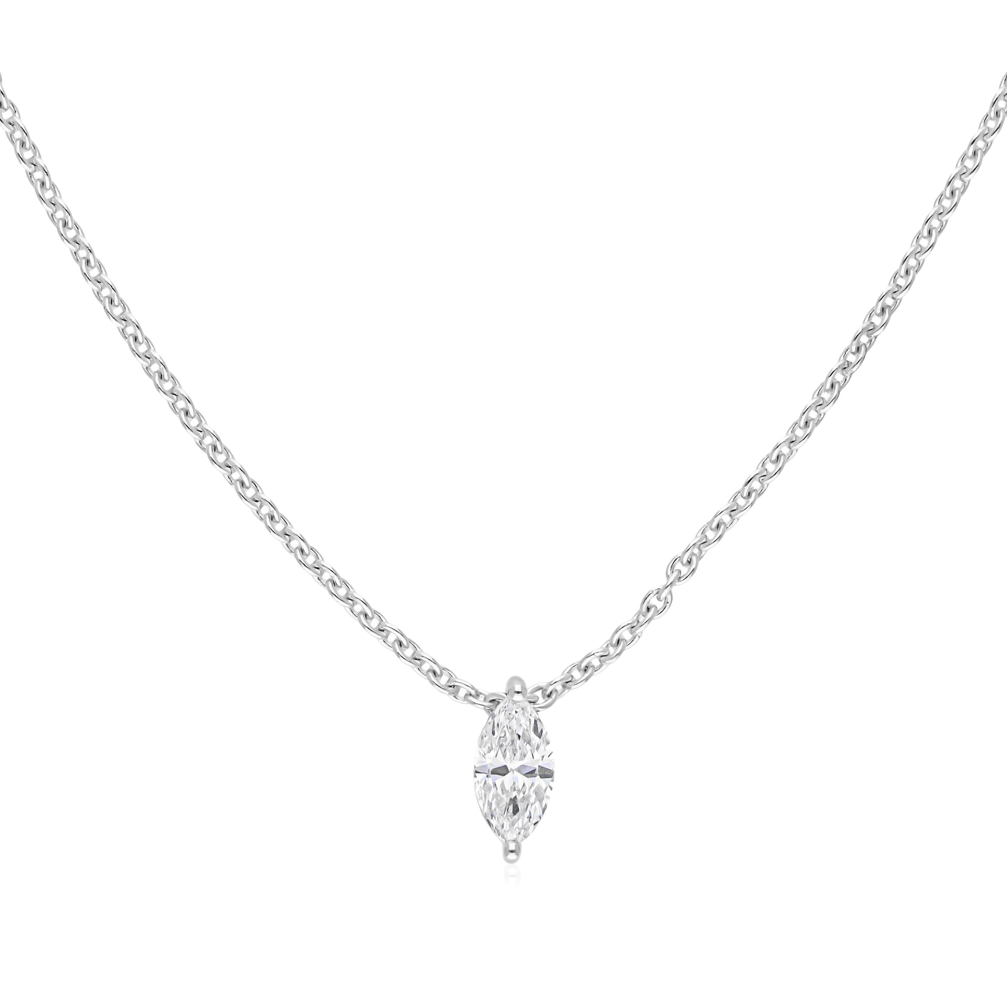 Minimal SI Clarity HI Color Marquise Solitaire Diamond Necklace 14k White Gold Conçu pour les amateurs d'élégance minimale, ce collier se compose d'un seul diamant de haute qualité suspendu à une délicate chaîne en or blanc. Grâce à son design