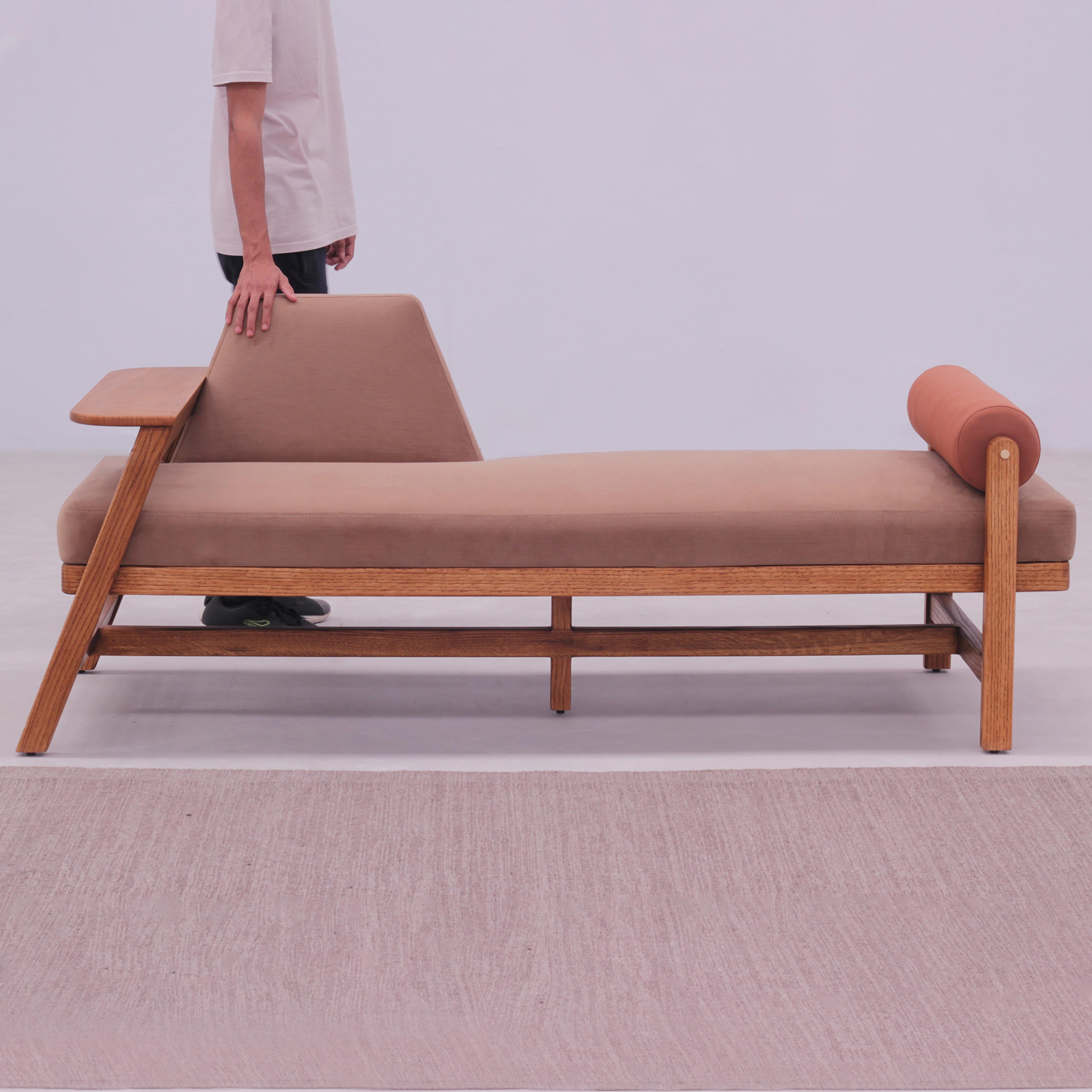 Mid-Century Modern Minimal Solid Oak wood Contemporary SACHI Bench with bolster and brass detail For Sale