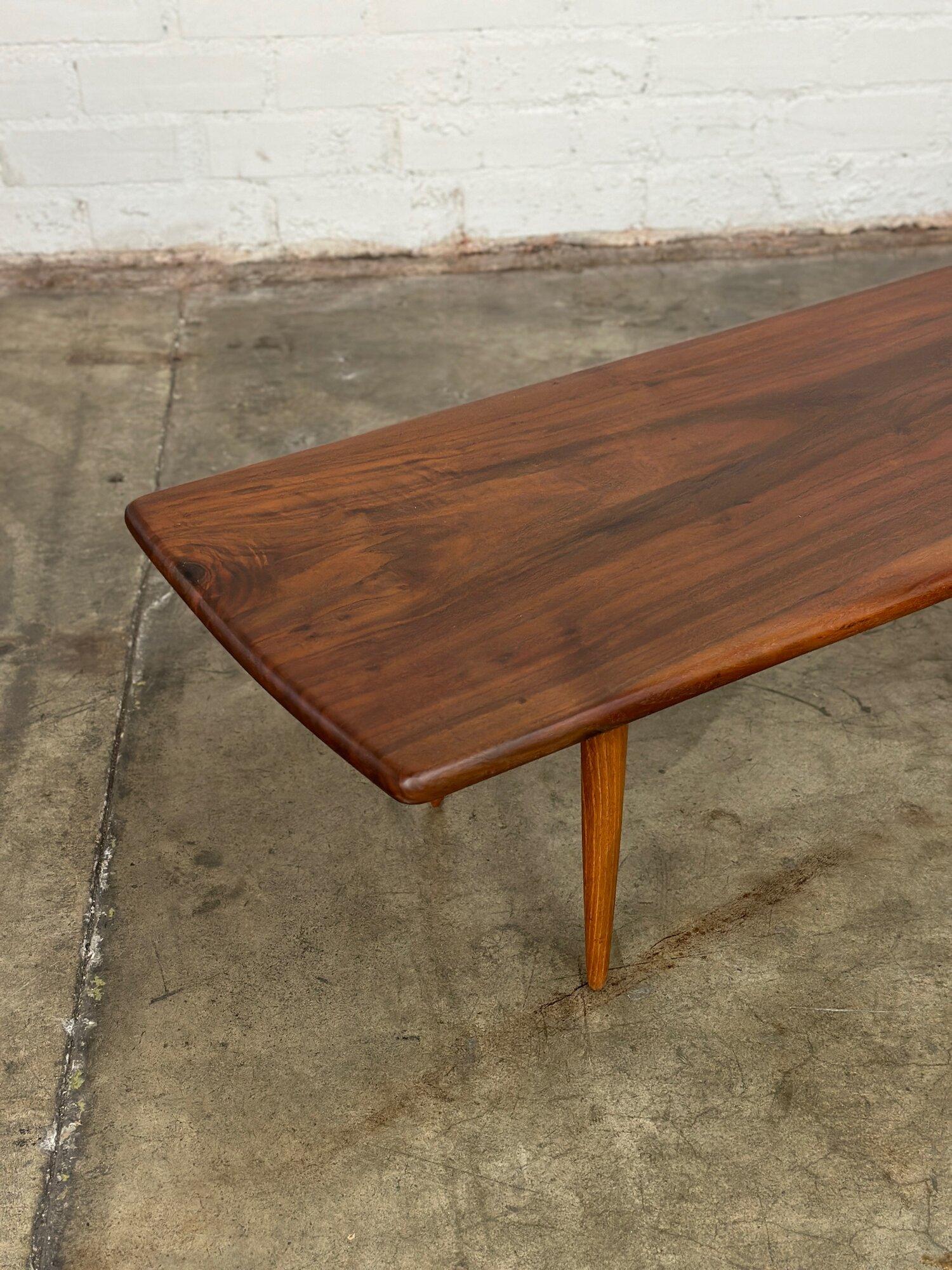 W52.5 D17.5 H13.75

Fully restored solid walnut coffee table in great condition. Item is structurally sound and sturdy. Item features rare solid wood construction with soft rounded edges. 