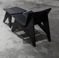 Esvee Atelier Black Solid Oak Butterfly Sculptural Lounge Chair with Footstool