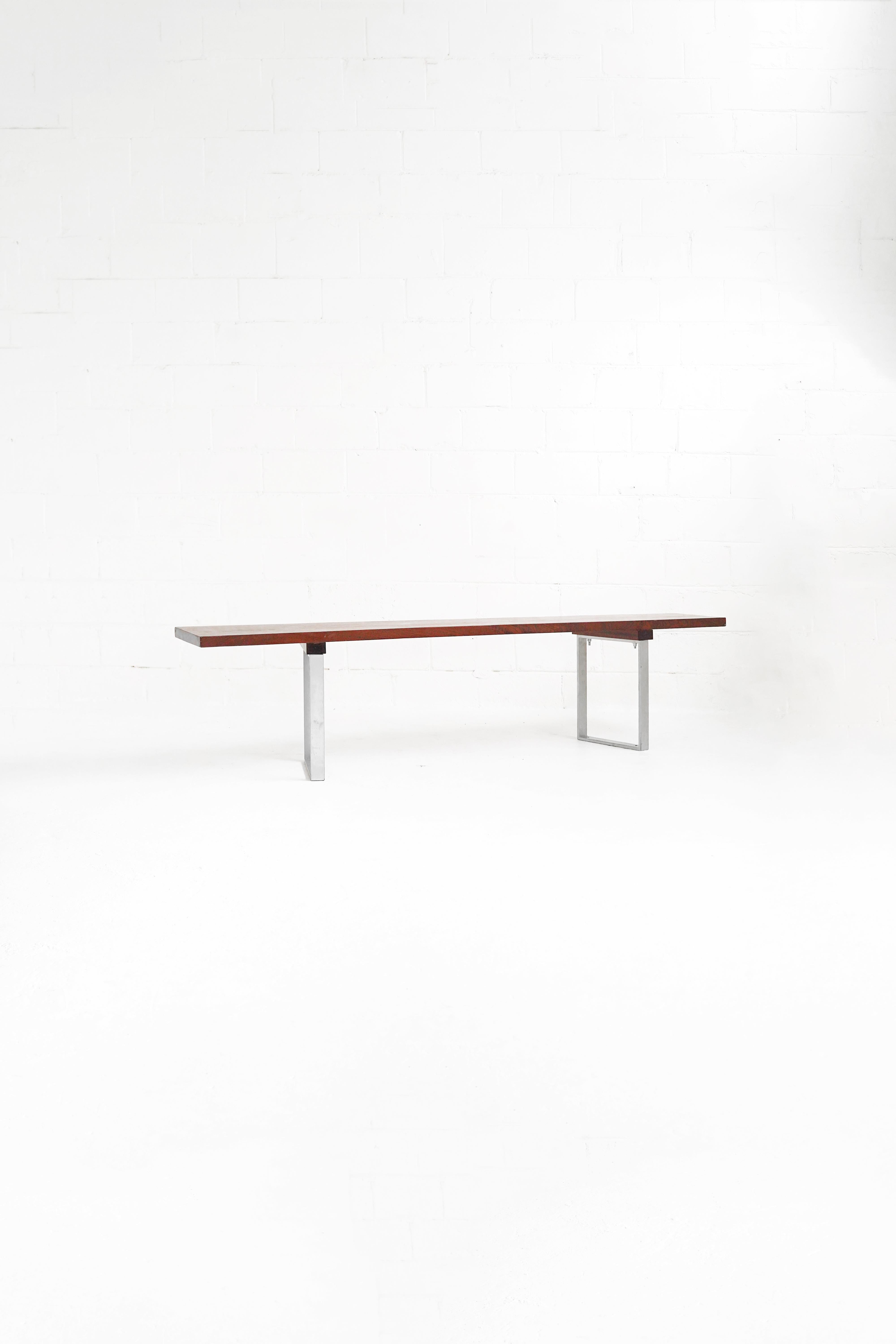 Minimal Stained Oak and Polished Steel Bench For Sale 5
