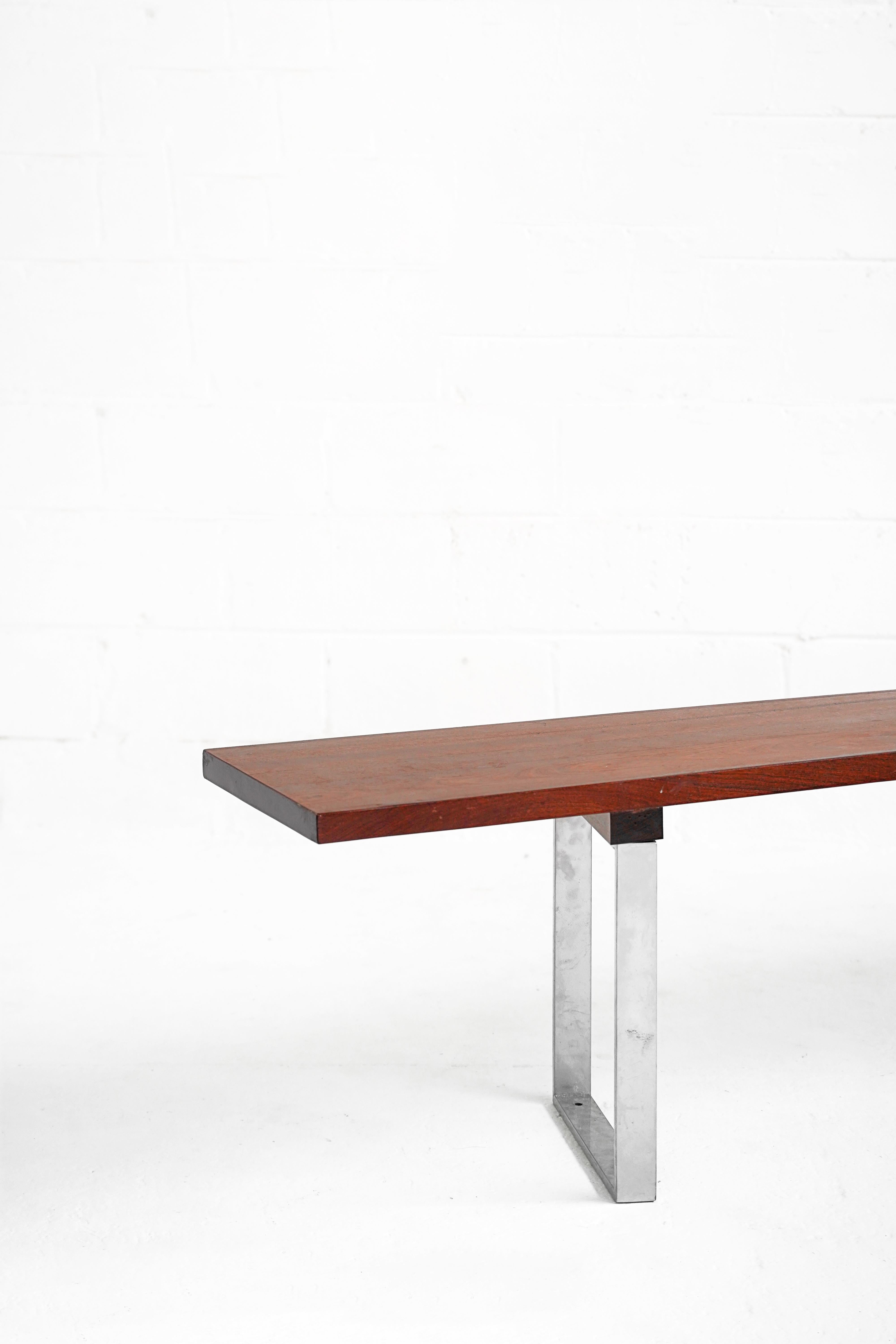 Minimal Stained Oak and Polished Steel Bench For Sale 3