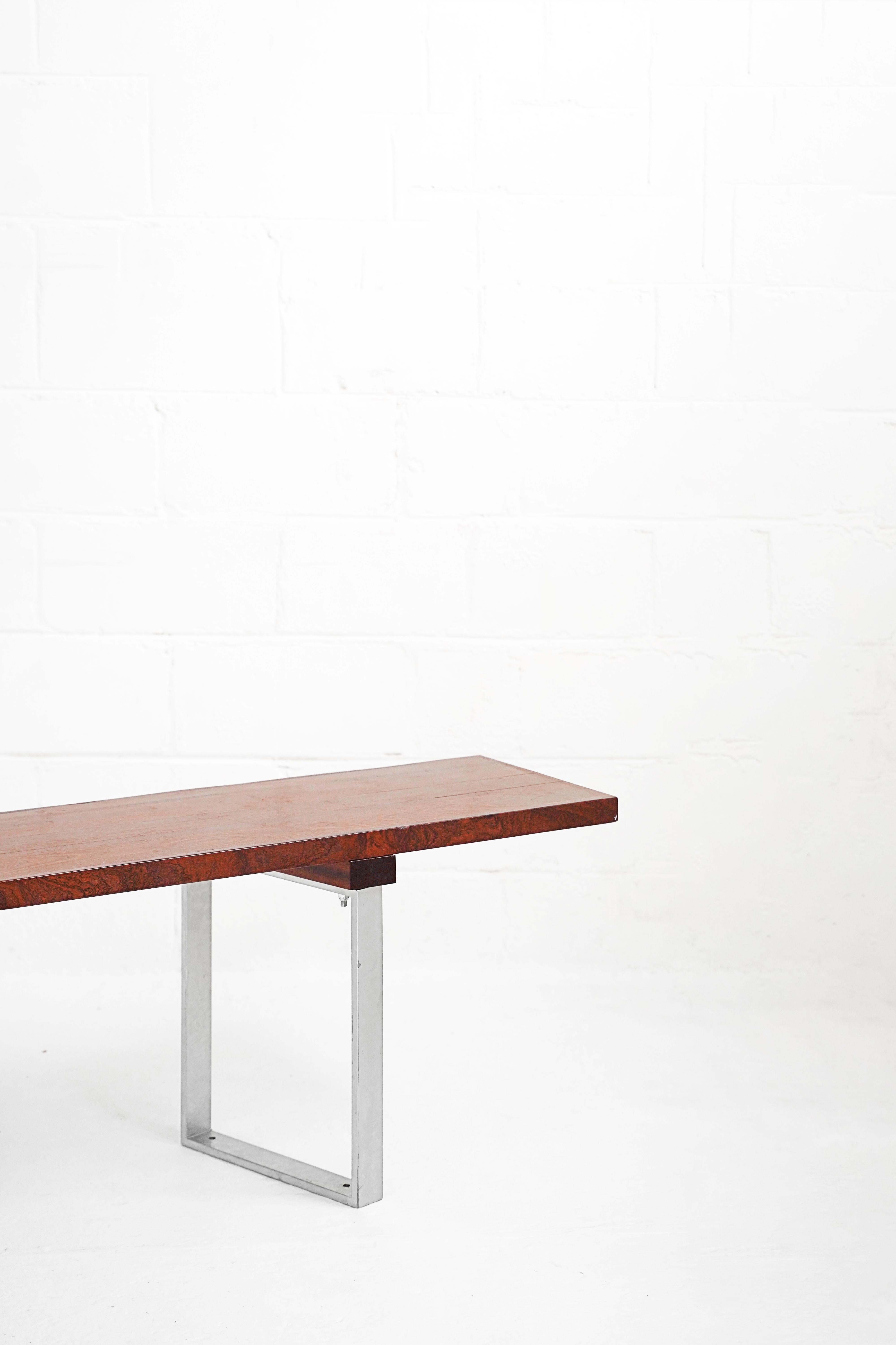 Minimal Stained Oak and Polished Steel Bench For Sale 4
