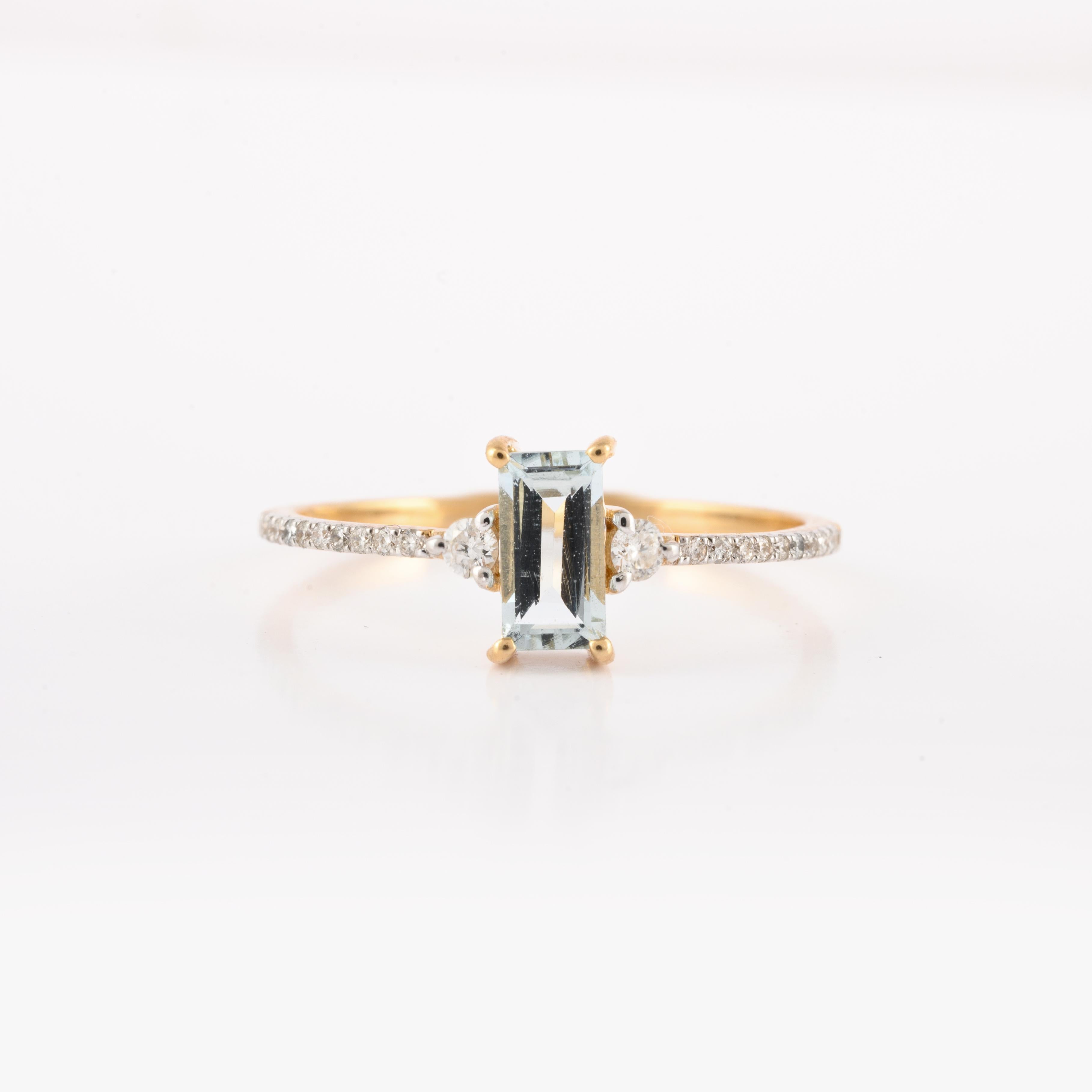 For Sale:  Baguette Cut Aquamarine Ring With Diamonds 18k Solid Yellow Gold 2