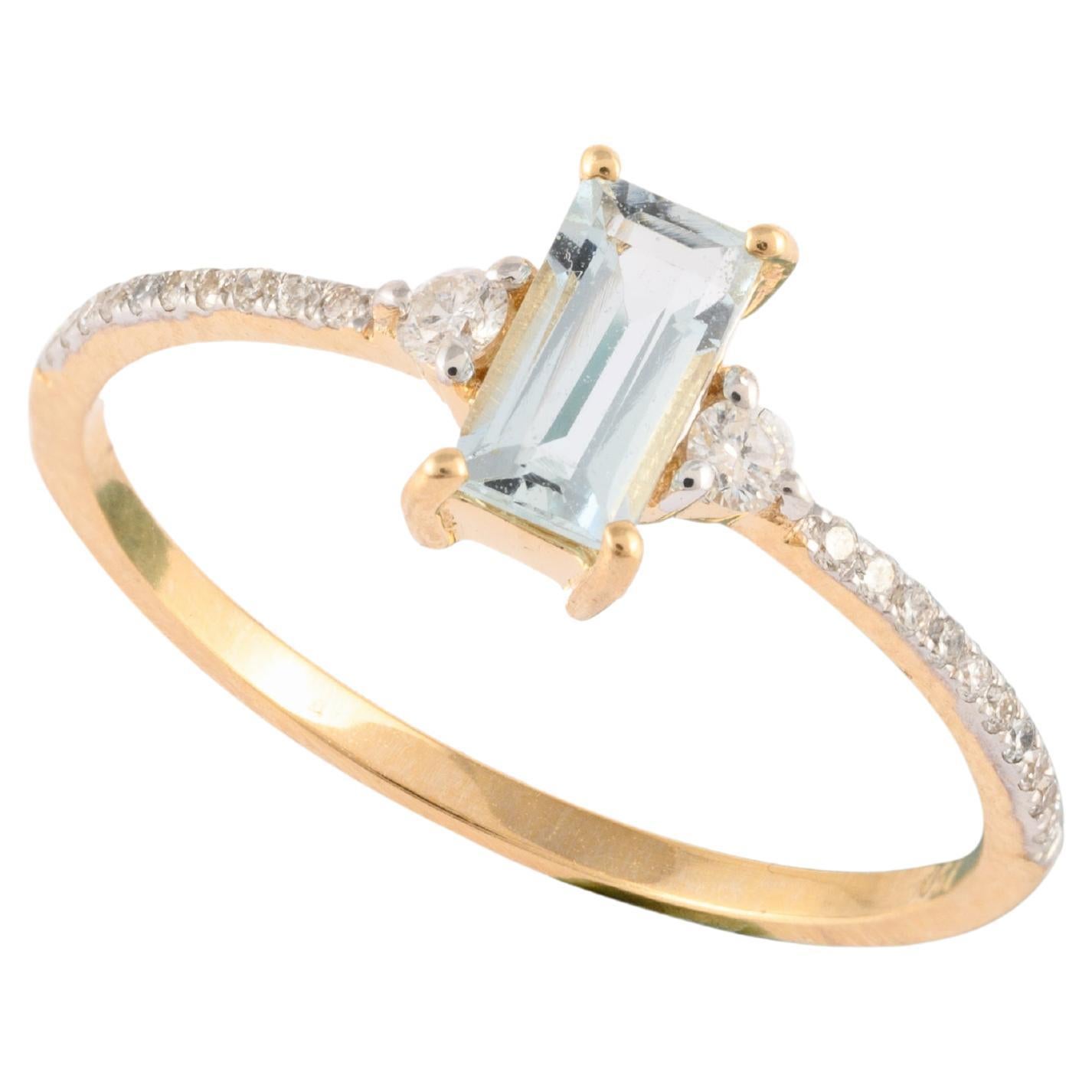 Baguette Cut Aquamarine Ring With Diamonds 18k Solid Yellow Gold