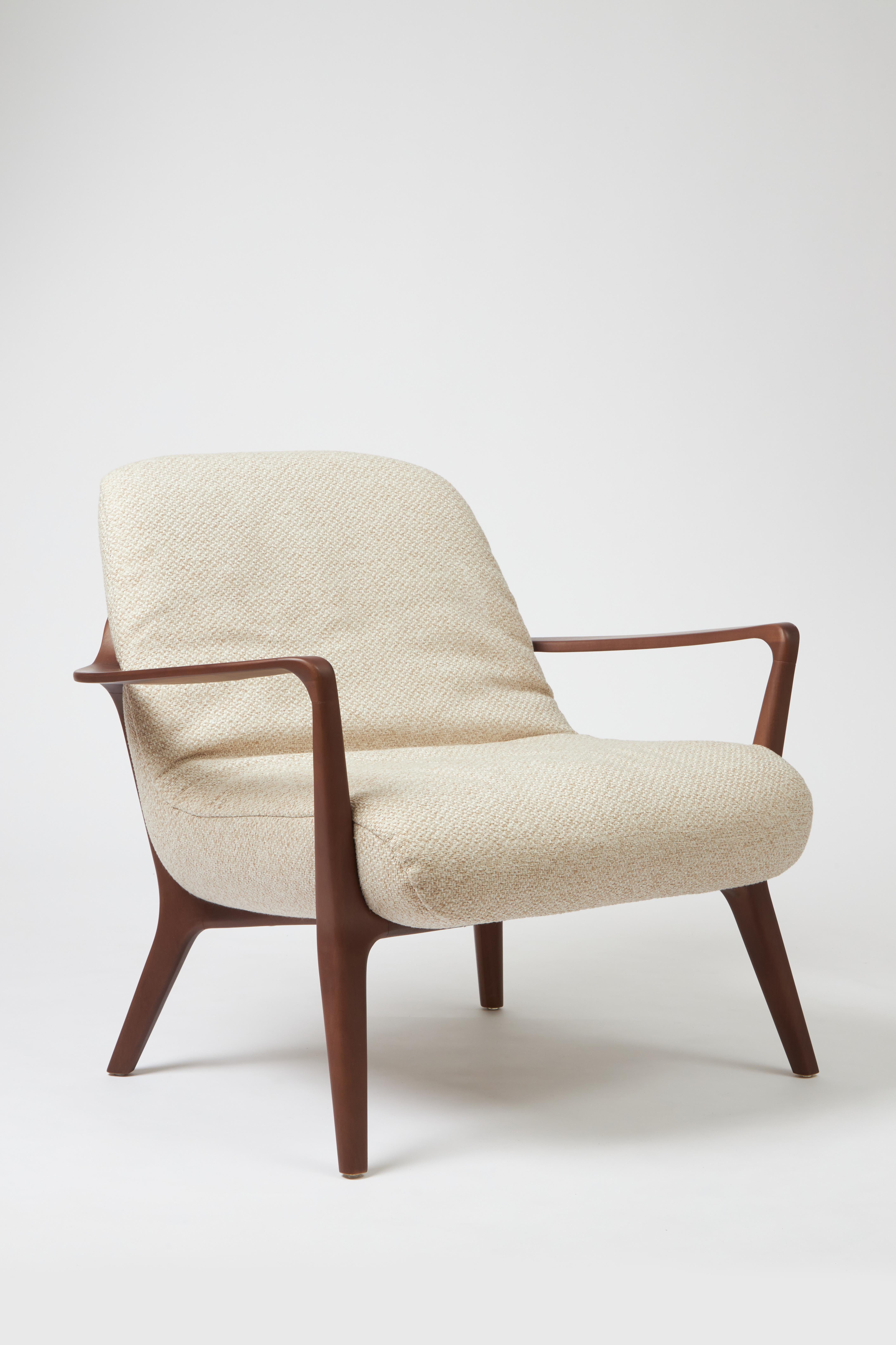 Minimal Style Insigne Armchair Sculpted in solid wood, textiles seating For Sale 3