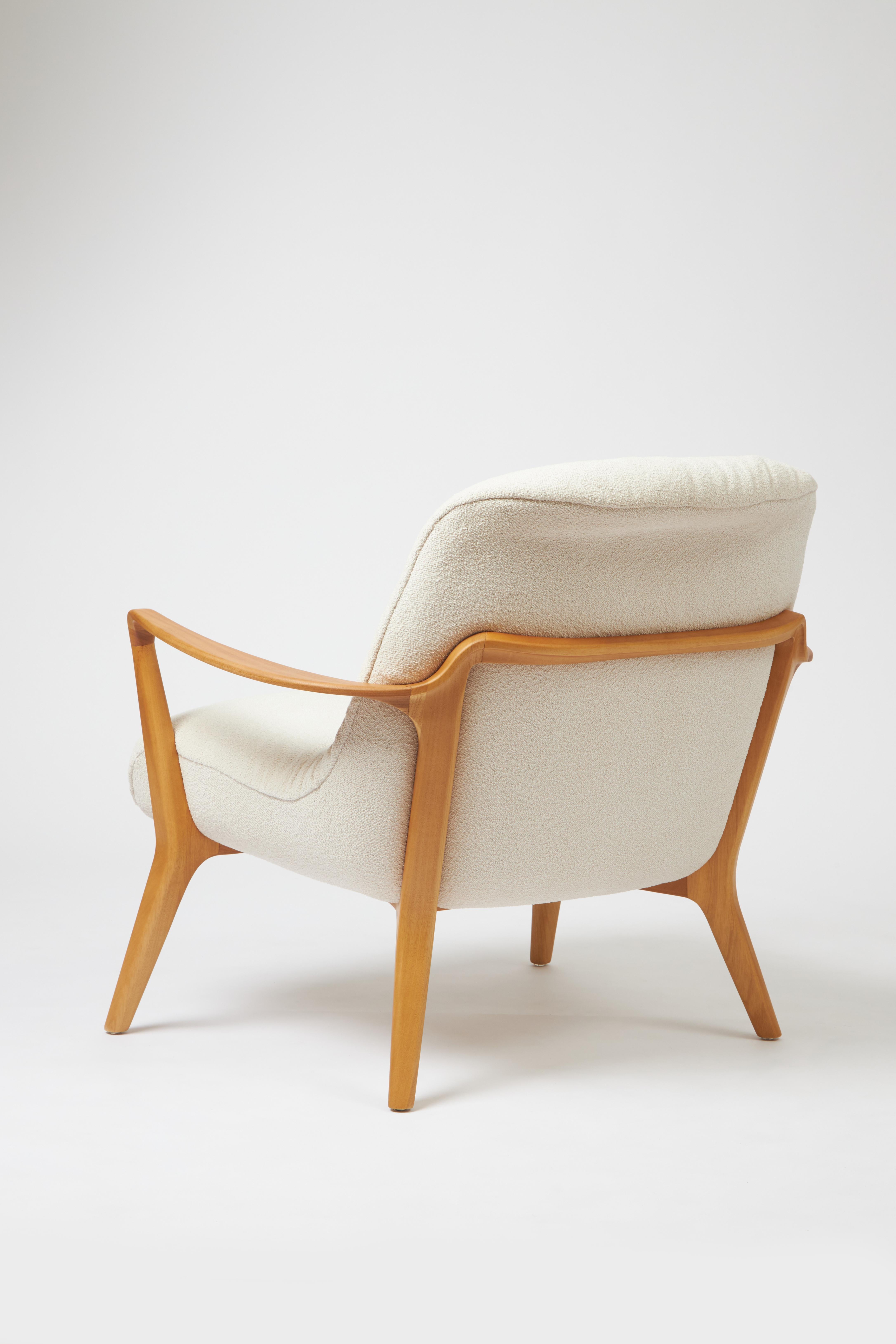 Brazilian Minimal Style Insigne Armchair Sculpted in walnut solid wood finish, textiles For Sale