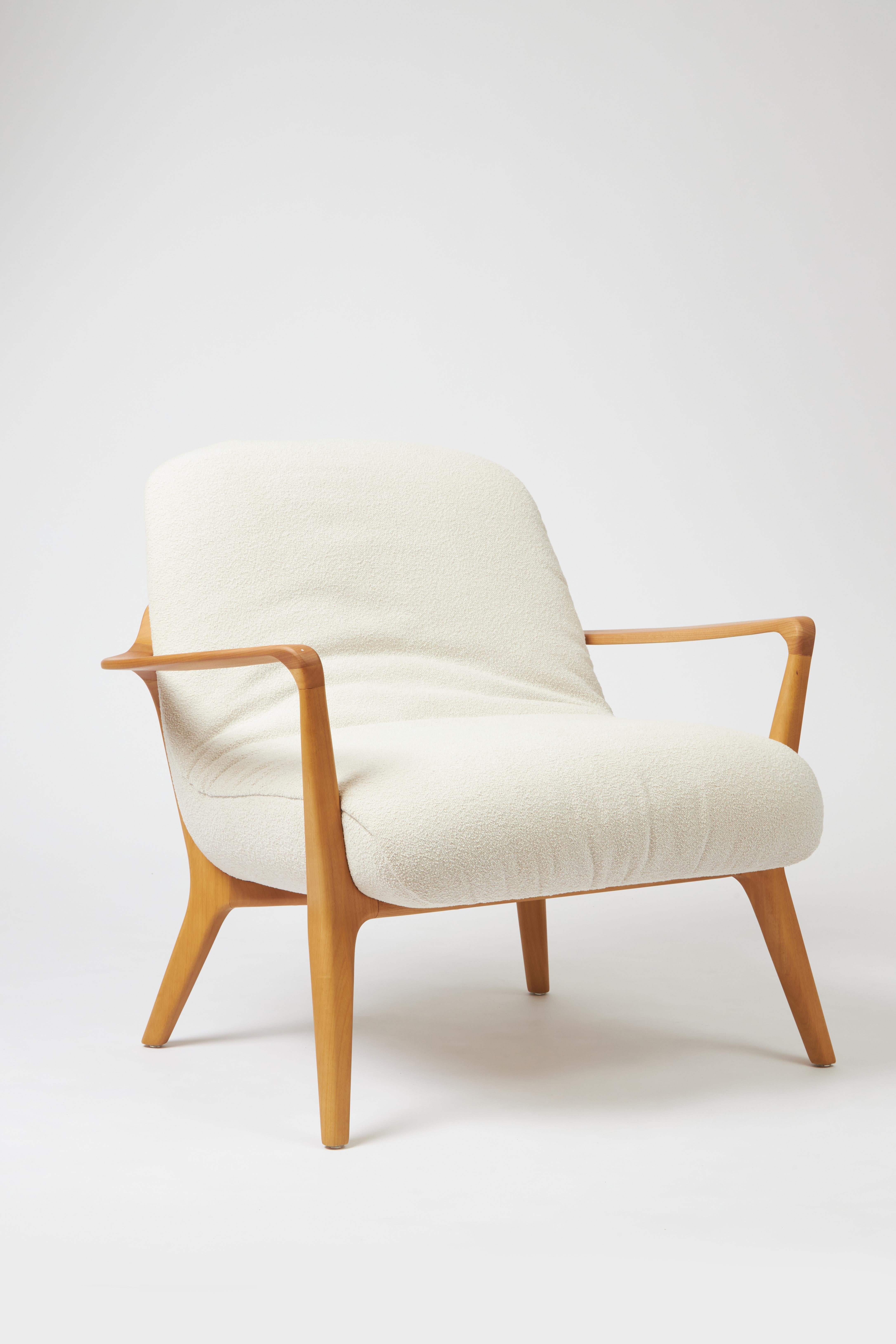 Minimal Style Insigne Armchair Sculpted in walnut wood finish, textiles seating For Sale 5