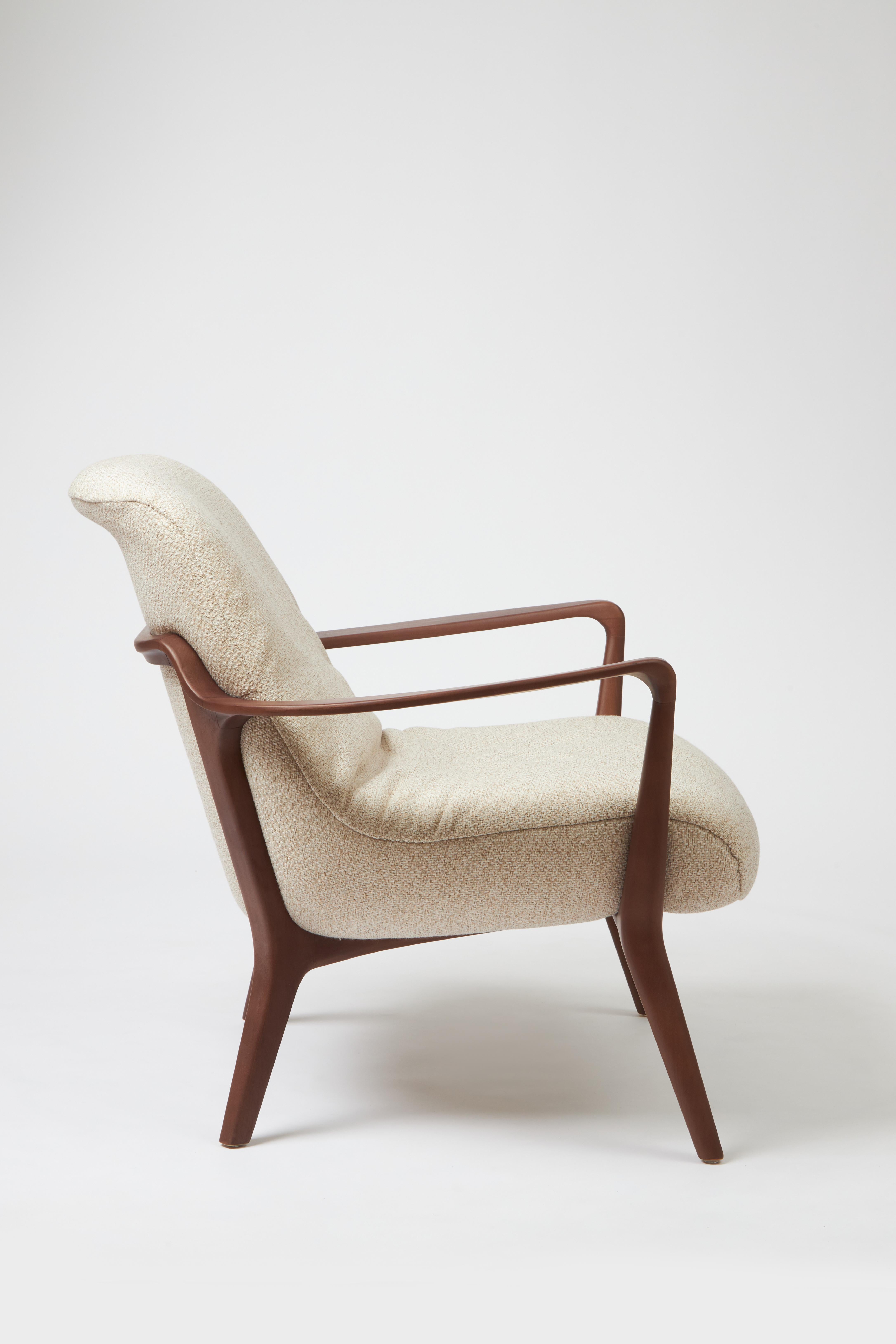 Brazilian Minimal Style Insigne Armchair Sculpted in walnut wood finish, textiles seating For Sale
