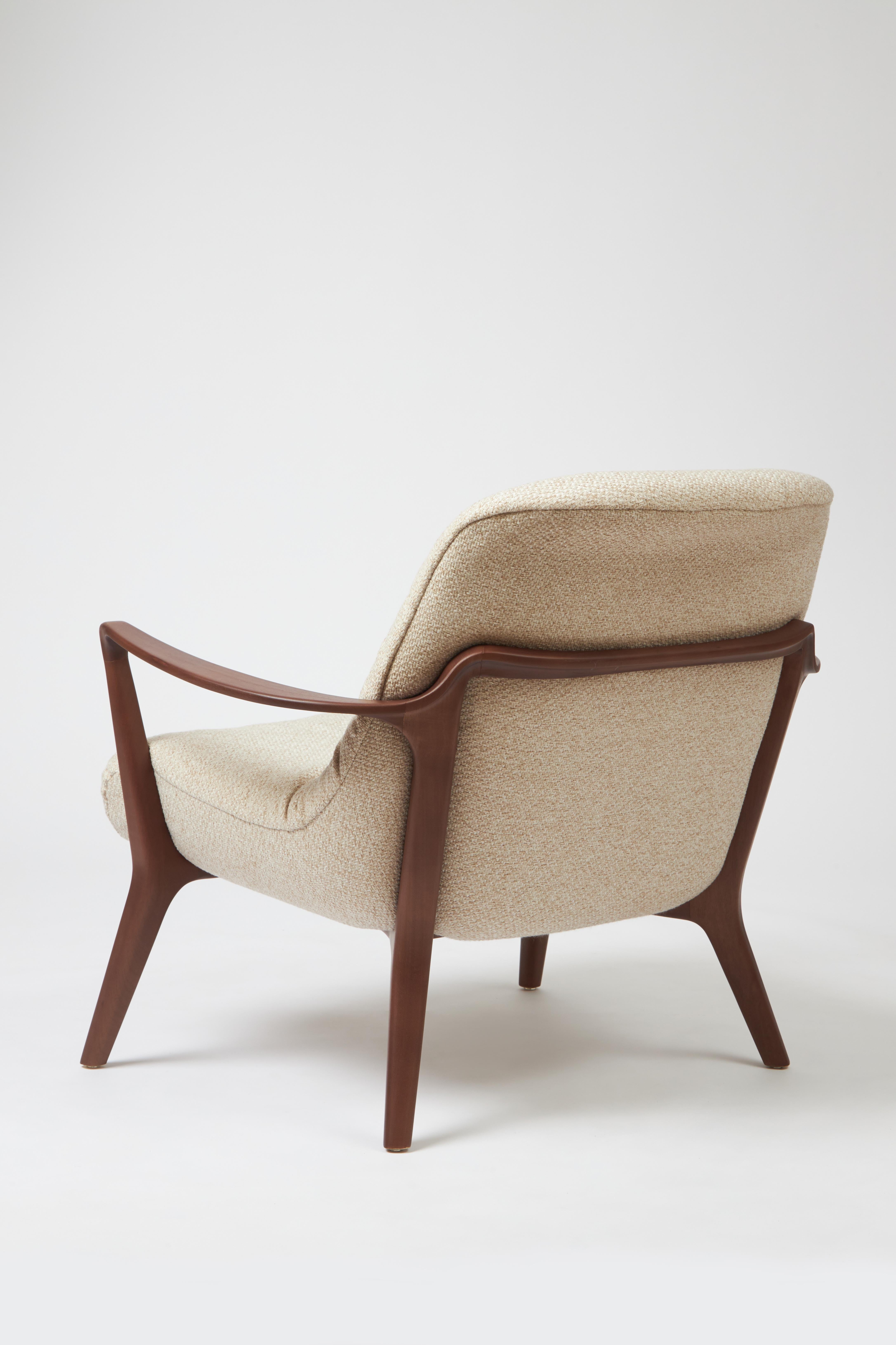 Caning Minimal Style Insigne Armchair Sculpted in walnut wood finish, textiles seating For Sale