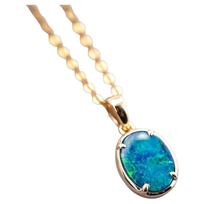 Minimal Style Oval Doublet Opal Pendant Necklace 14k Yellow Gold