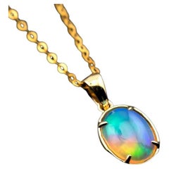 Minimal Style Oval Ethiopian Opal Pendant Necklace 18k Yellow Gold