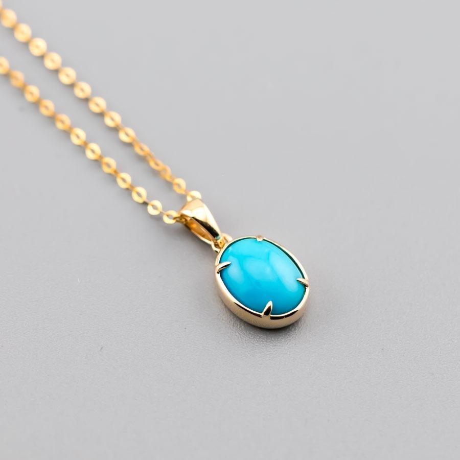 Collier pendentif turquoise ovale de style minimaliste en or jaune 18 carats Neuf - En vente à Suwanee, GA