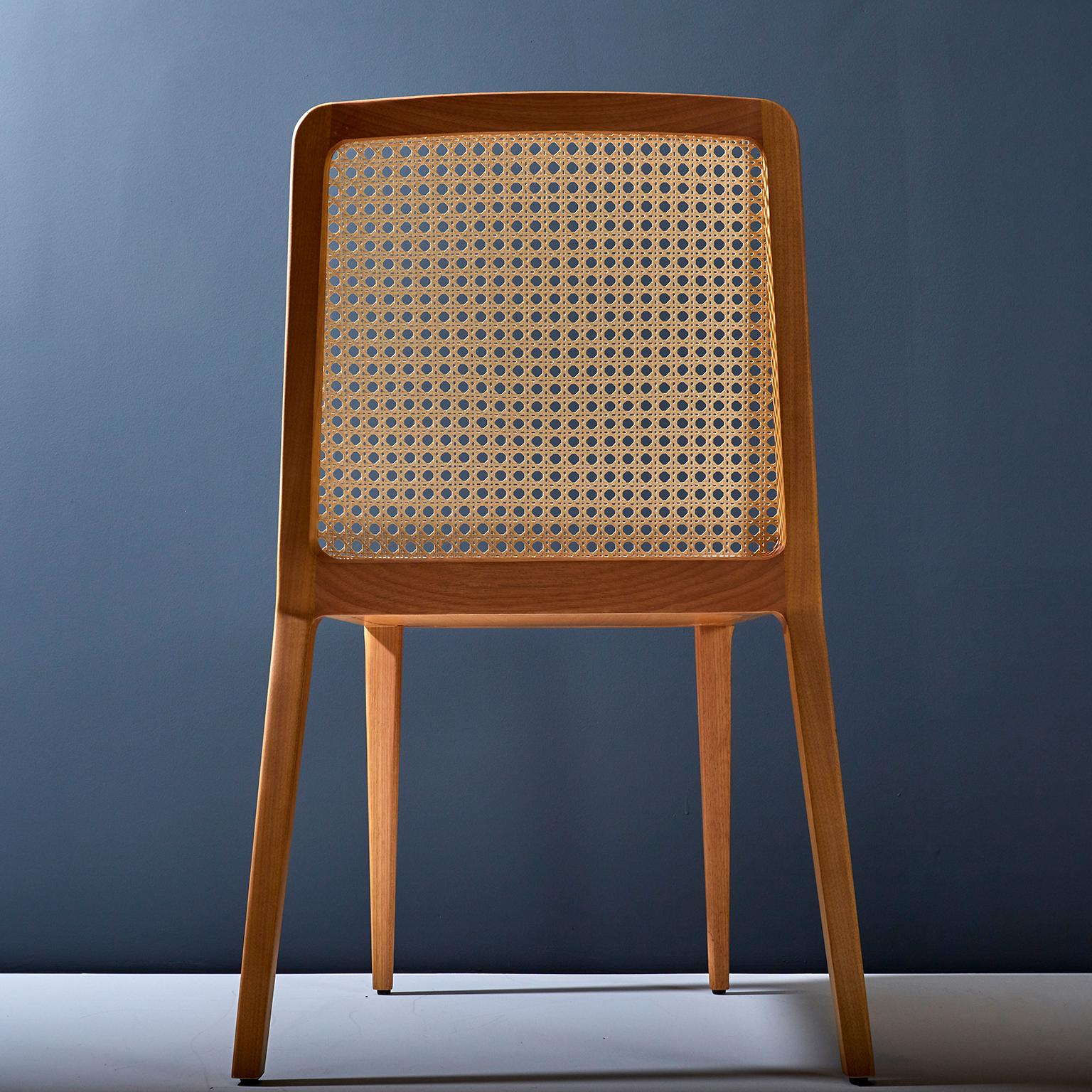 Brazilian Minimal Style, Solid Wood Chair, Leather Seating, Caning Backboard For Sale