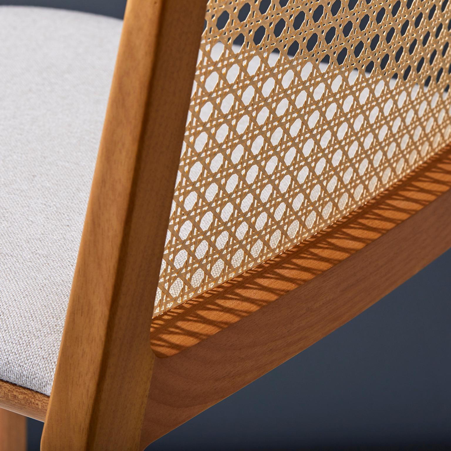 Modern Minimal Style, Solid Wood Chair, Textile Seating, Caning Backboard, with Arms For Sale
