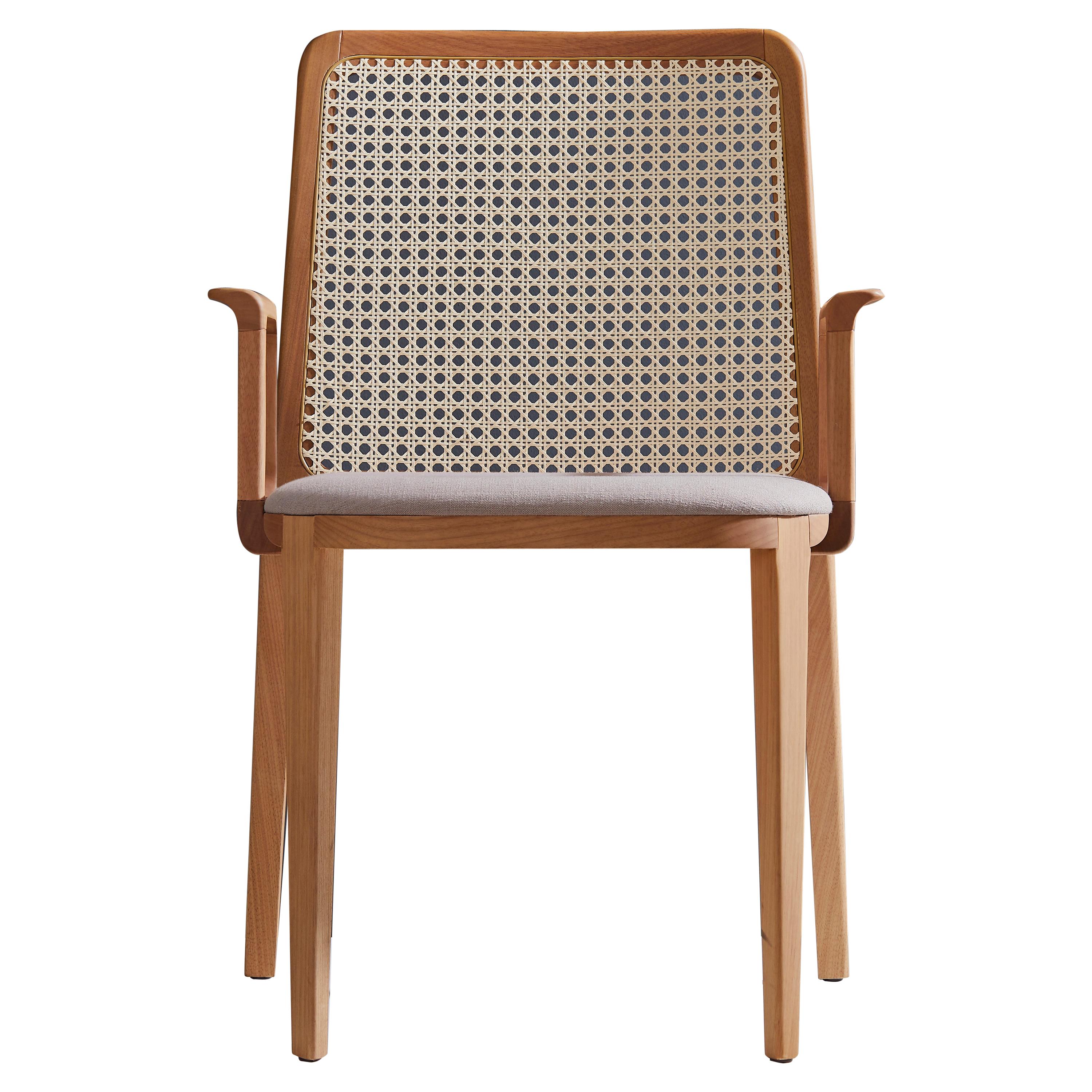 Minimal Style, Solid Wood Chair, Textile Seating, Caning Backboard, with Arms For Sale