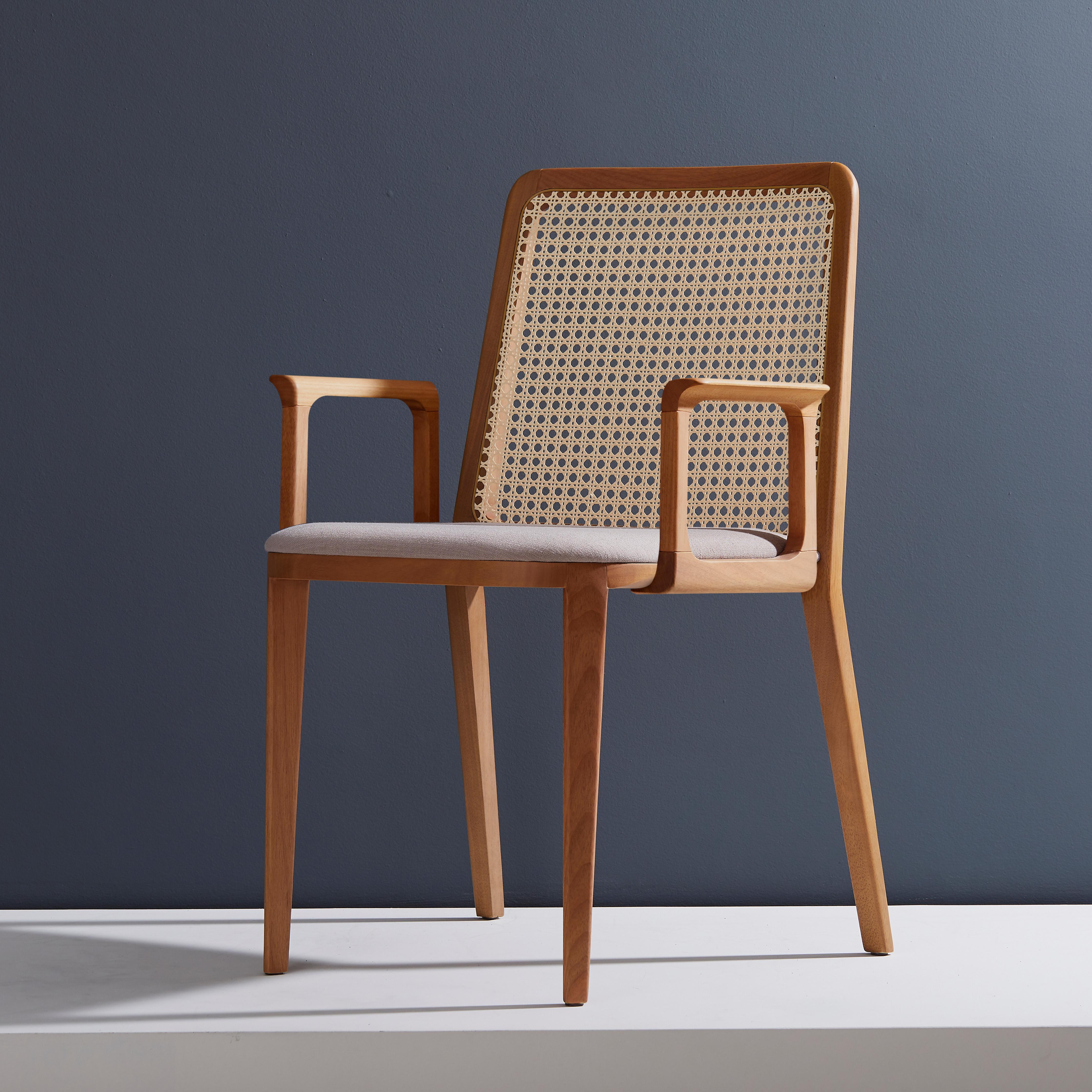 Modern Minimal Style, Solid Wood Chair, Textile Seating, Solid Backboard, with Arms For Sale