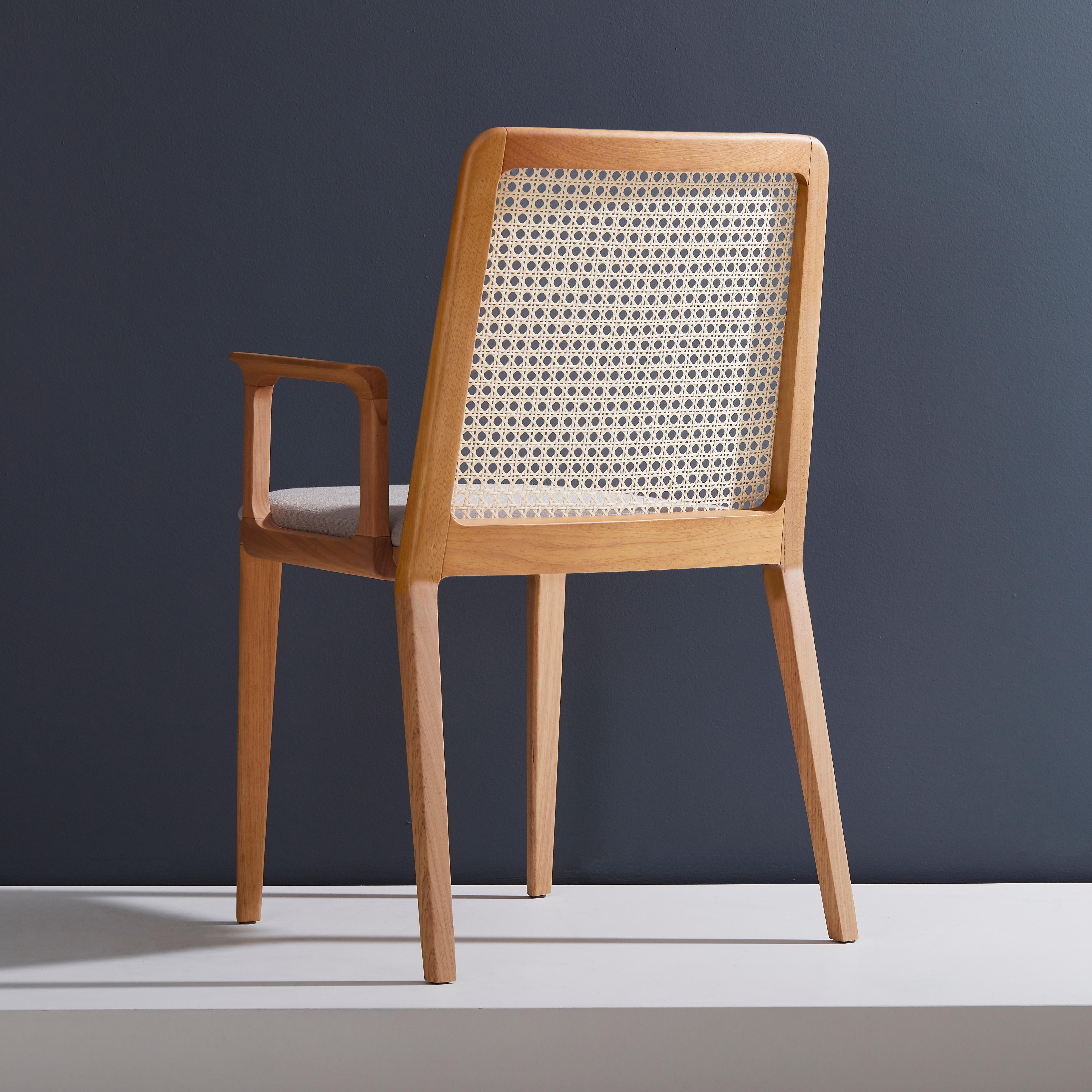 Brazilian Minimal Style, Solid Wood Chair, Textile Seating, Solid Backboard, with Arms For Sale