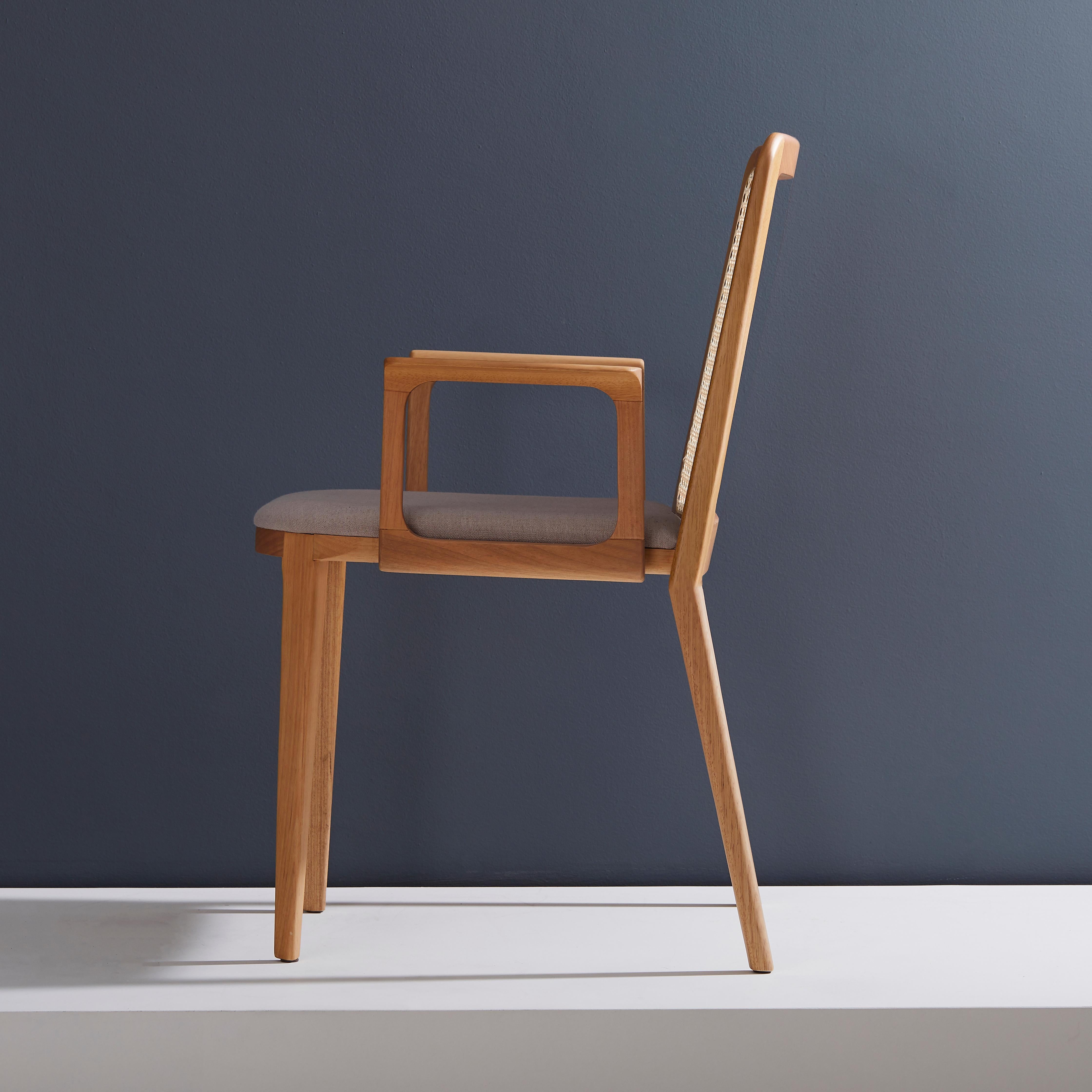 Caning Minimal Style, Solid Wood Chair, Textile Seating, Solid Backboard, with Arms For Sale