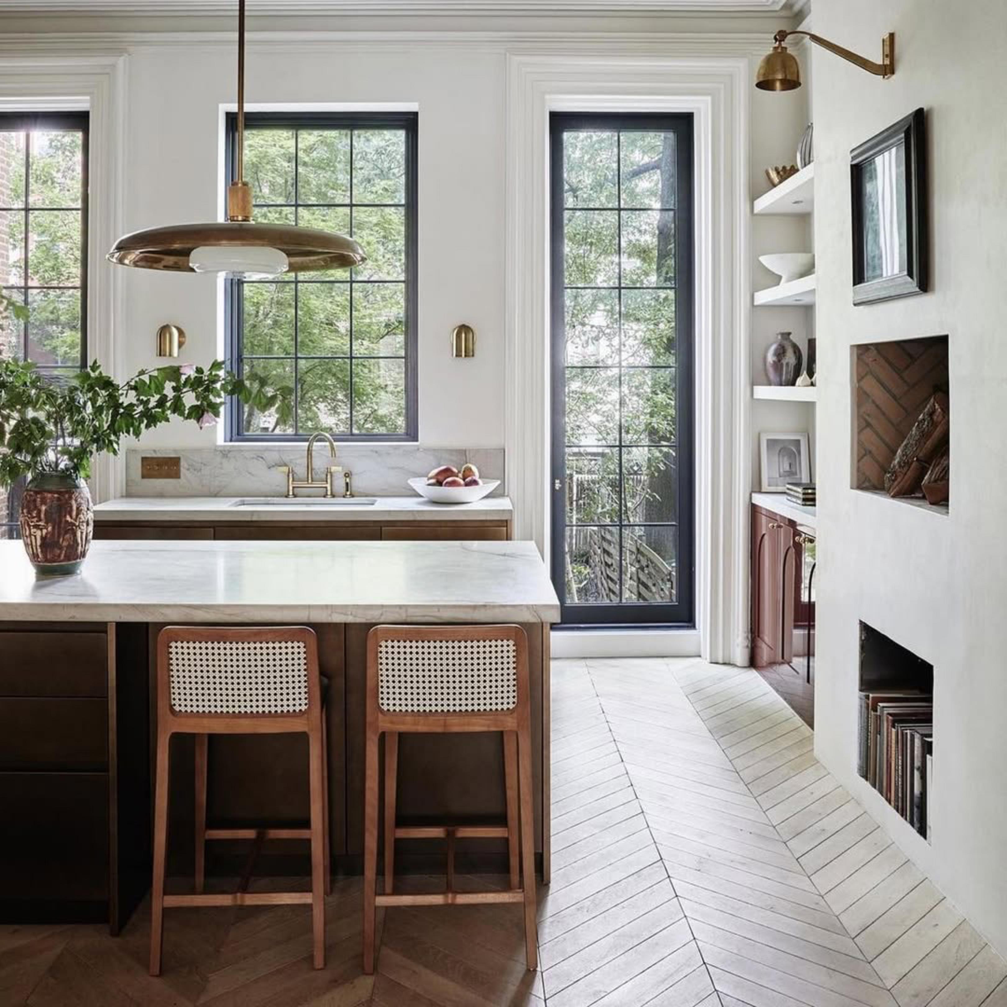 Faux Leather Minimal Style, Solid Wood Stool, Bar or Counter Height, Caning and Leather For Sale