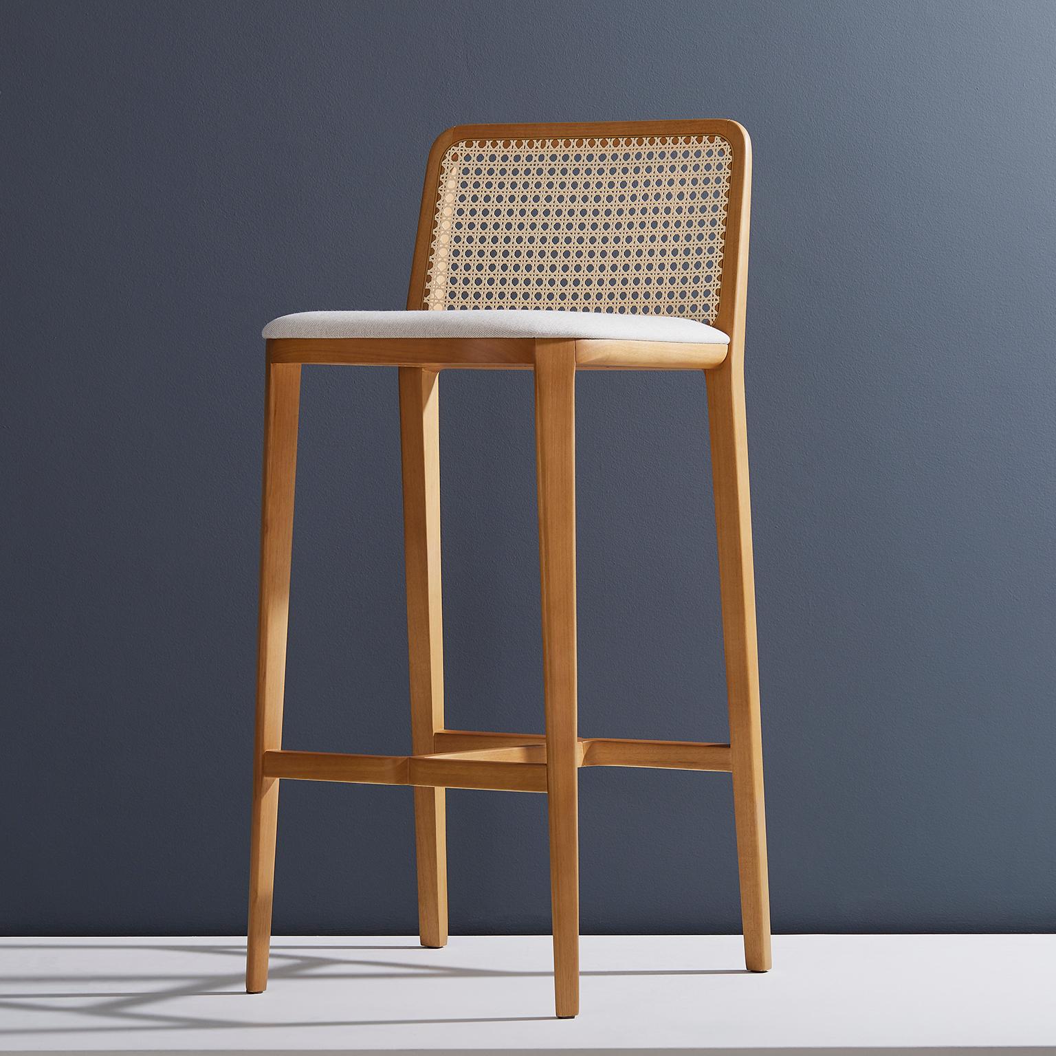 Minimal Style, Solid Wood Stool, Bar or Counter Hight, Caning and Leather For Sale 2