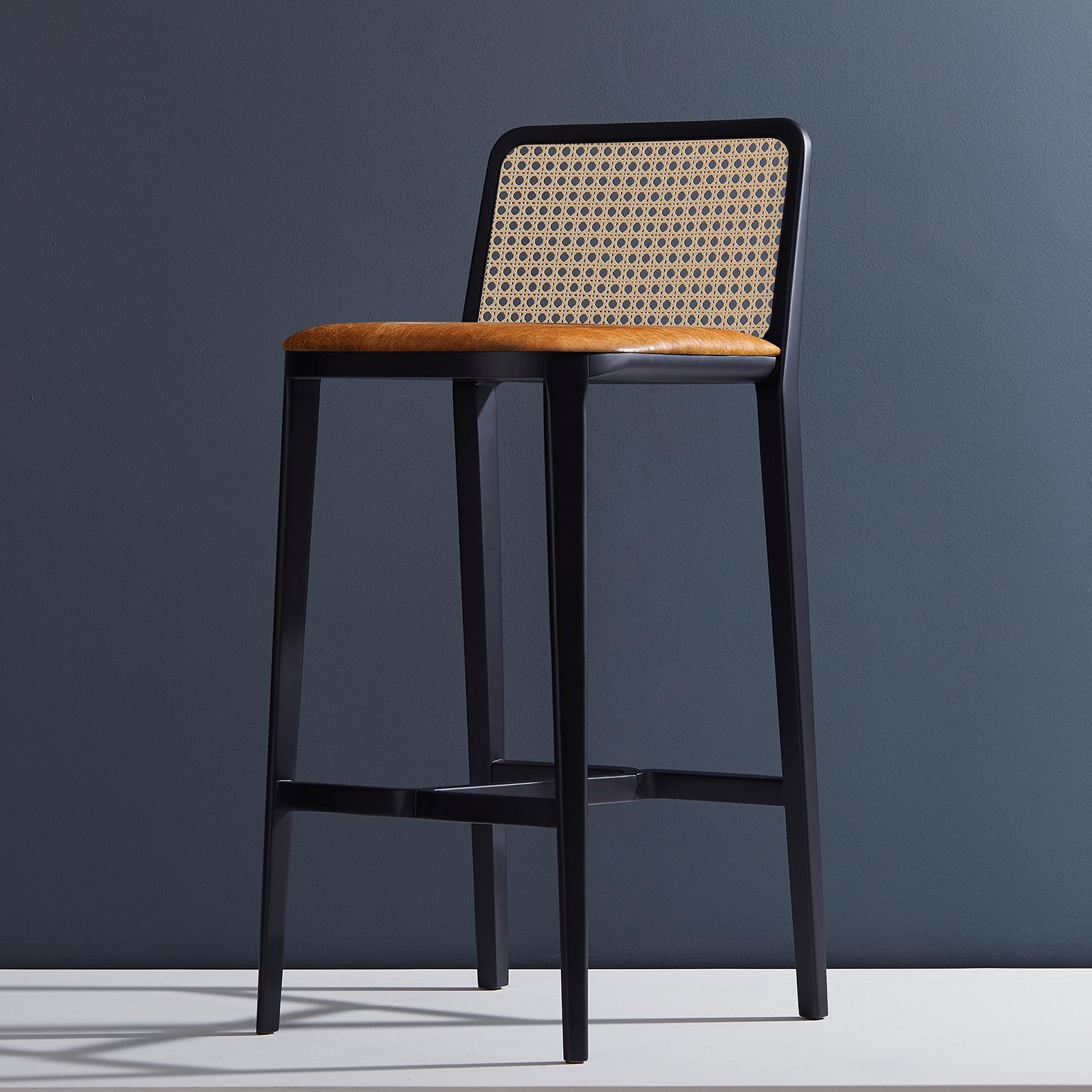 Minimal Style, Solid Wood Stool, Bar or Counter Hight, Caning and Leather For Sale 4