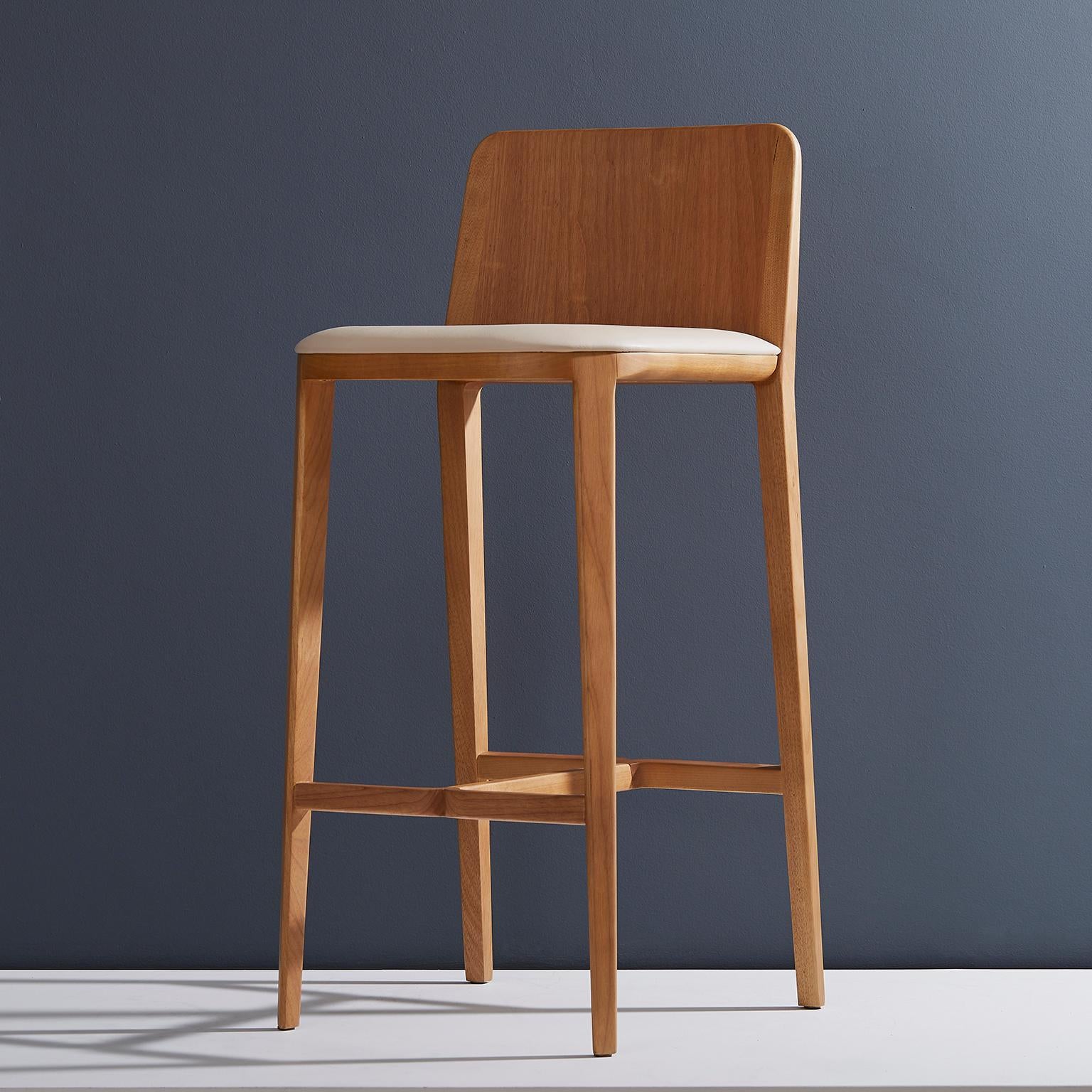 Minimal Style, Solid Wood Stool, Bar or Counter Hight, Caning and Leather For Sale 5