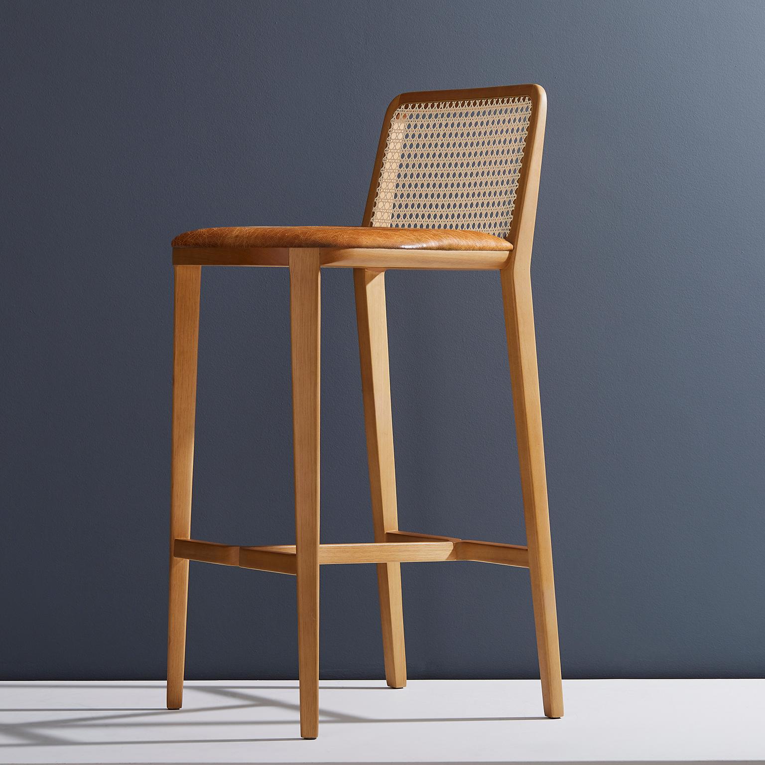 Modern Minimal Style, Solid Wood Stool, Bar or Counter Hight, Caning and Leather For Sale