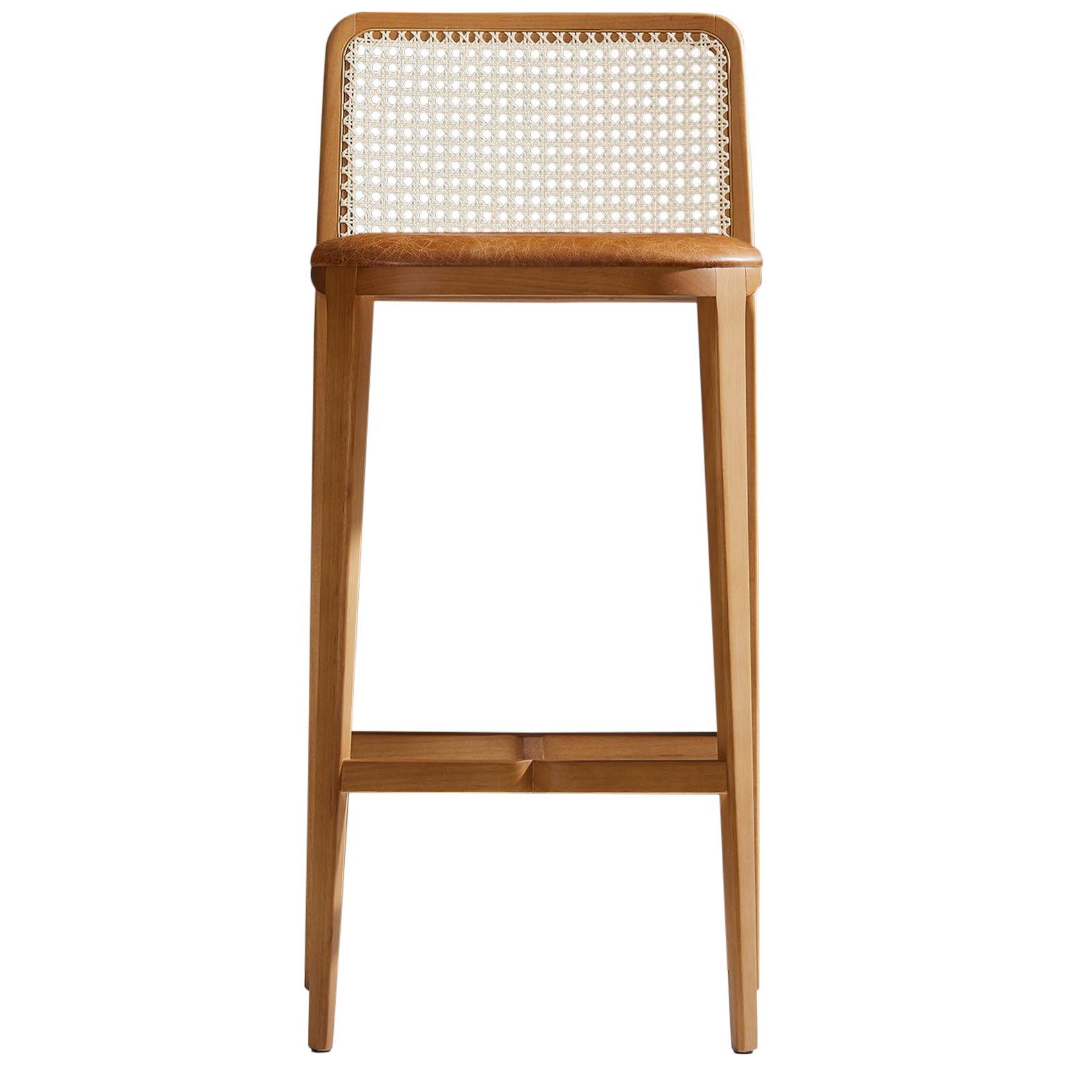Minimal Style, Solid Wood Stool, Bar or Counter Hight, Caning and Leather For Sale