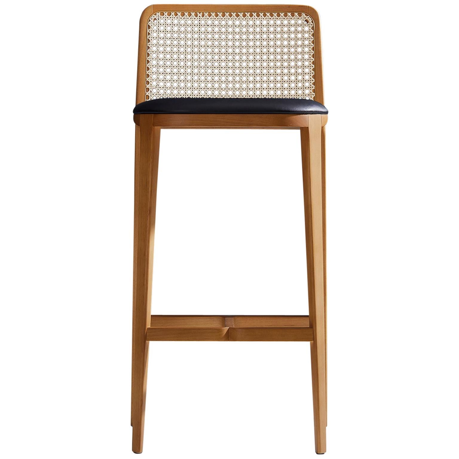 Minimal Style, Solid Wood Stool, Bar or Counter Hight, Caning and Leather For Sale