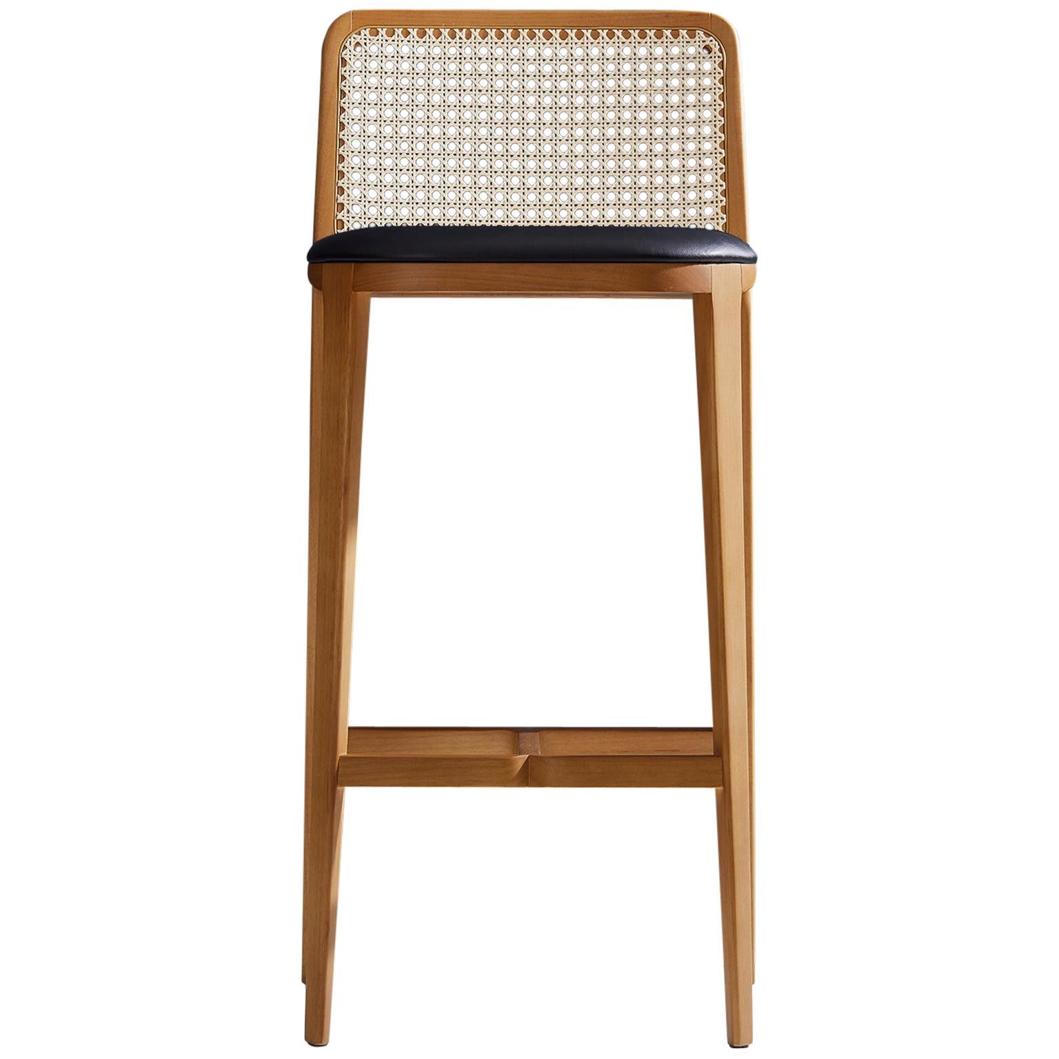 Tabouret de bar ou de comptoir de style minimaliste, cannage et cuir en vente