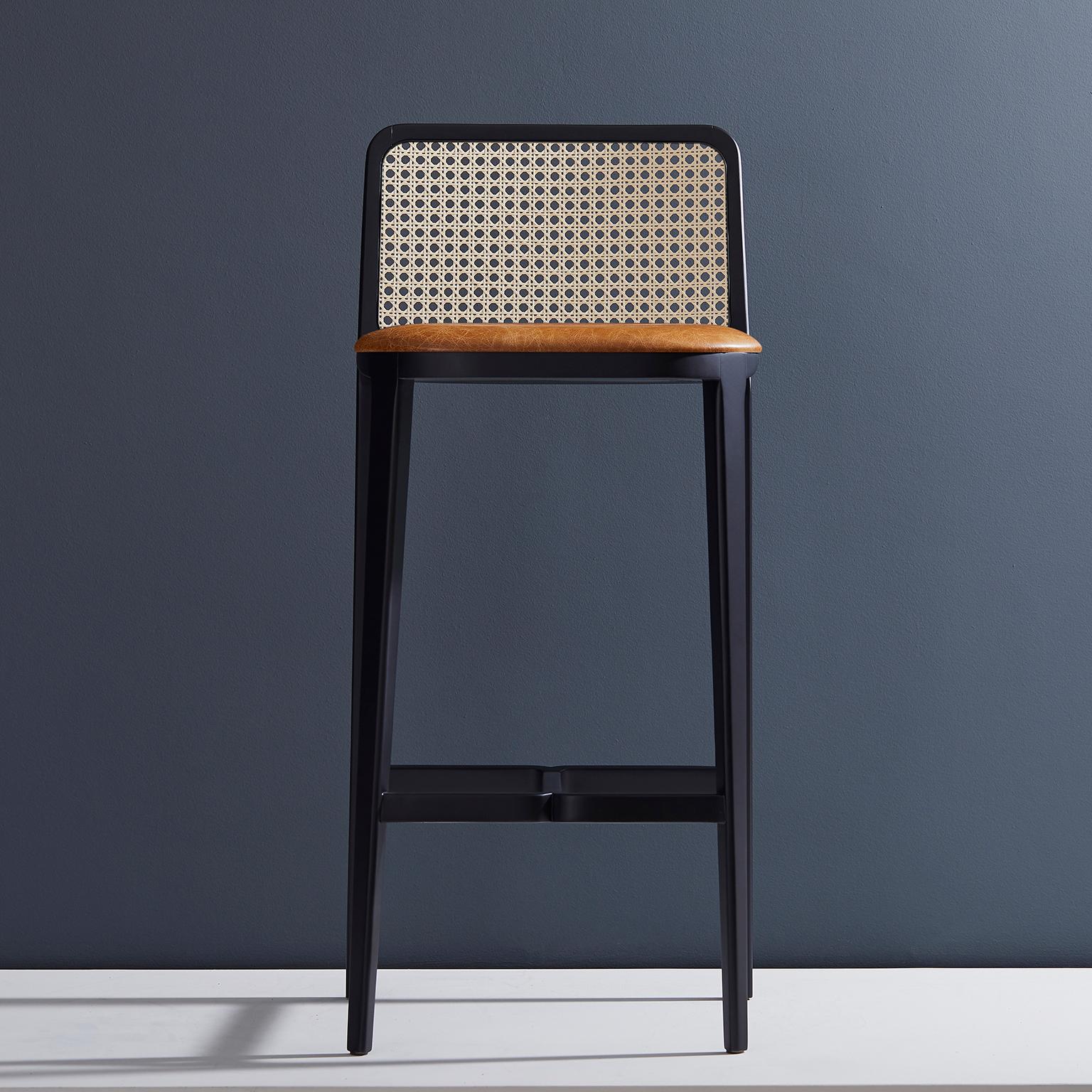 Brazilian Minimal Style, Solid Wood Stool, Textiles or Leather Seatings, Caning Backboard For Sale