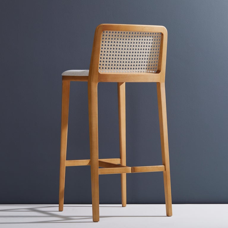 Minimal Style, Solid Wood Stool, Textiles or Leather Seatings, Caning Backboard In New Condition For Sale In Sao Paolo, SP