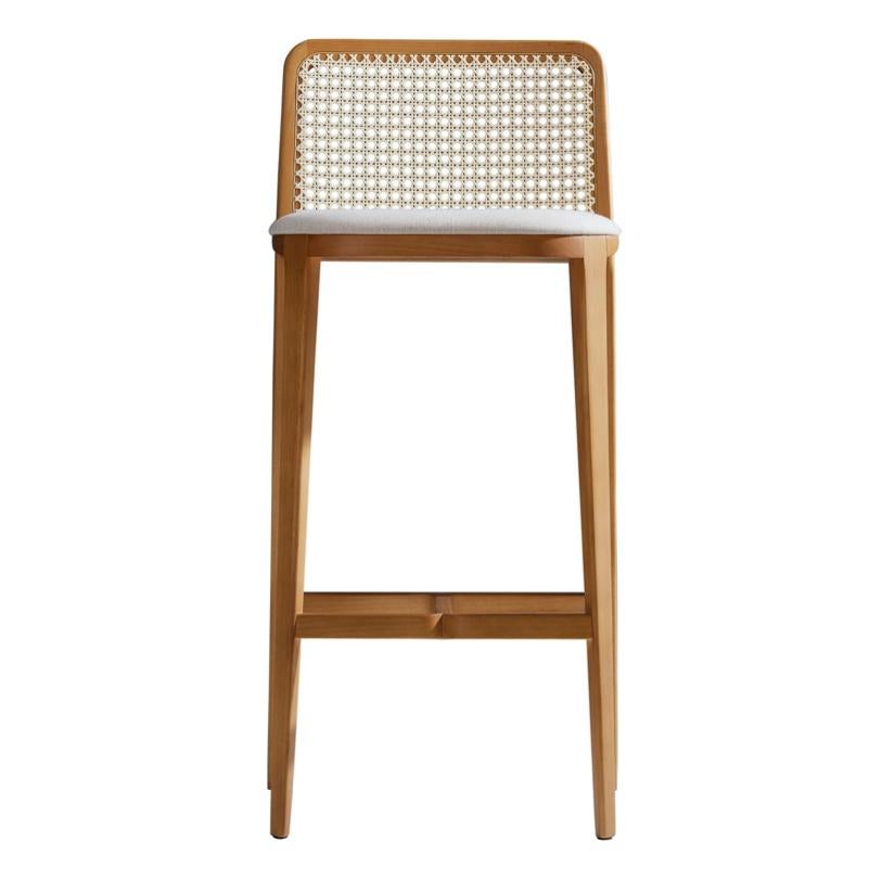 Brazilian Minimal Style, Solid Wood Stool, Textiles or Leather Seatings, Caning Backboard For Sale