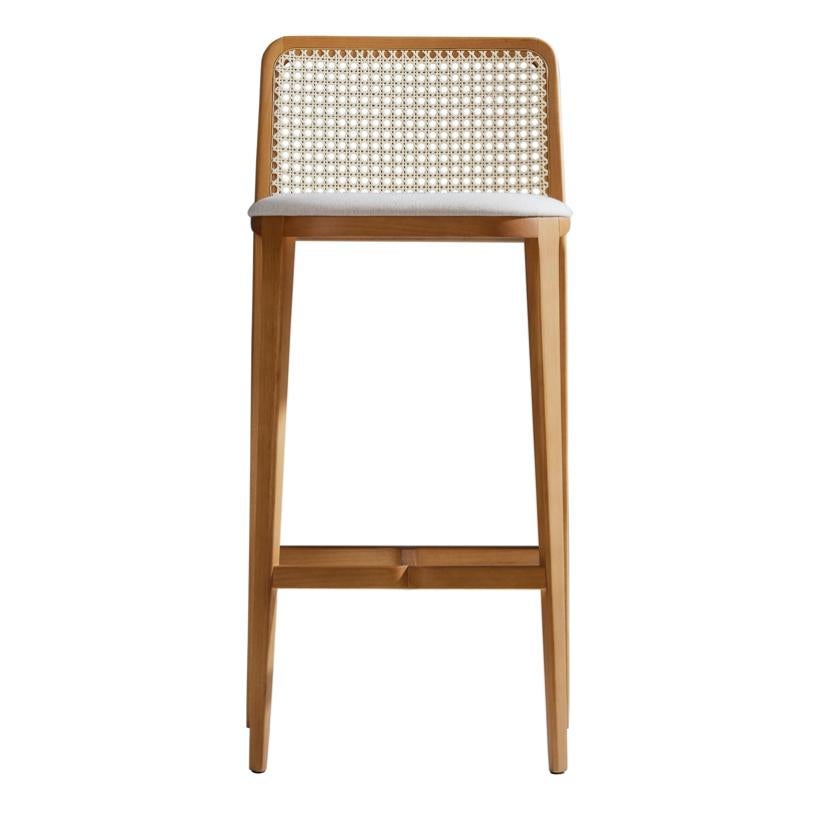 Minimal Style, Solid Wood Stool, Textiles or Leather Seatings, Caning Backboard In New Condition For Sale In Vila Cordeiro, São Paulo