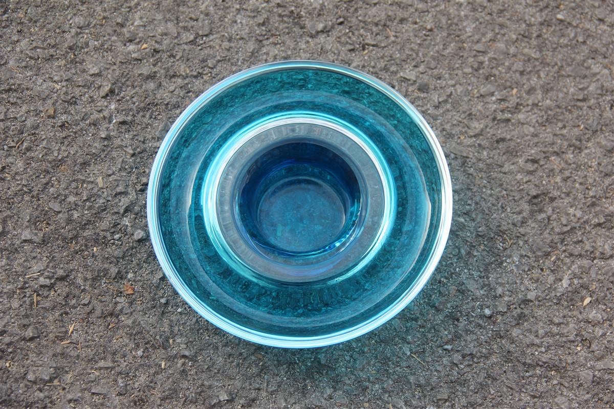 Minimal Venini round blu bowl glass Murano 1984 signed Italian Design.
