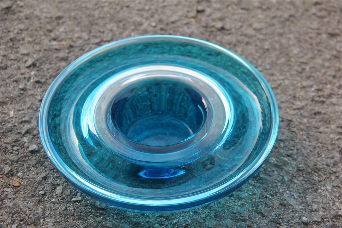 Mid-Century Modern Minimal Venini Round Blu Bowl Glass Murano 1984 Signed Italian Design en vente