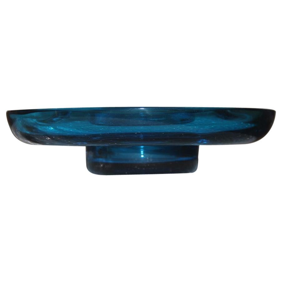 Minimal Venini Round Blu Bowl Glass Murano 1984 Signed Italian Design For Sale