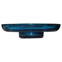 Retro Minimal Venini Round Blu Bowl Glass Murano 1984 Signed Italian Design