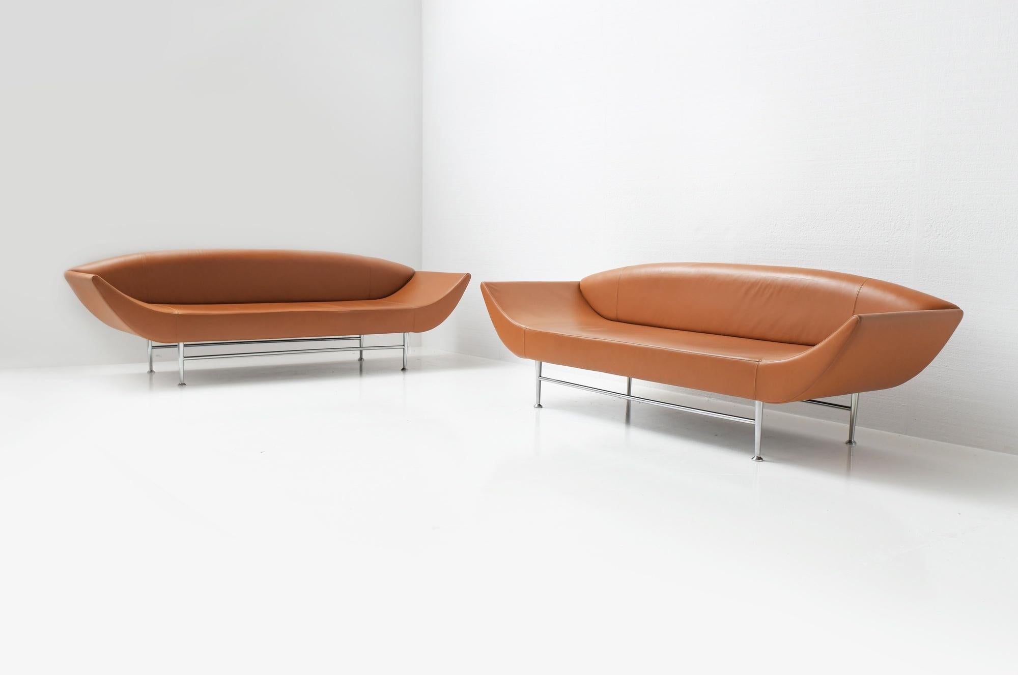 Great set of very rare vintage ‘Ellittico’ sofas.
Designed by Massimo Losa Ghini for Moroso Dinamic collection Italy (1987)
Upholstered in their typical high quality artificial cognac leather (original)

Mint condition!!.