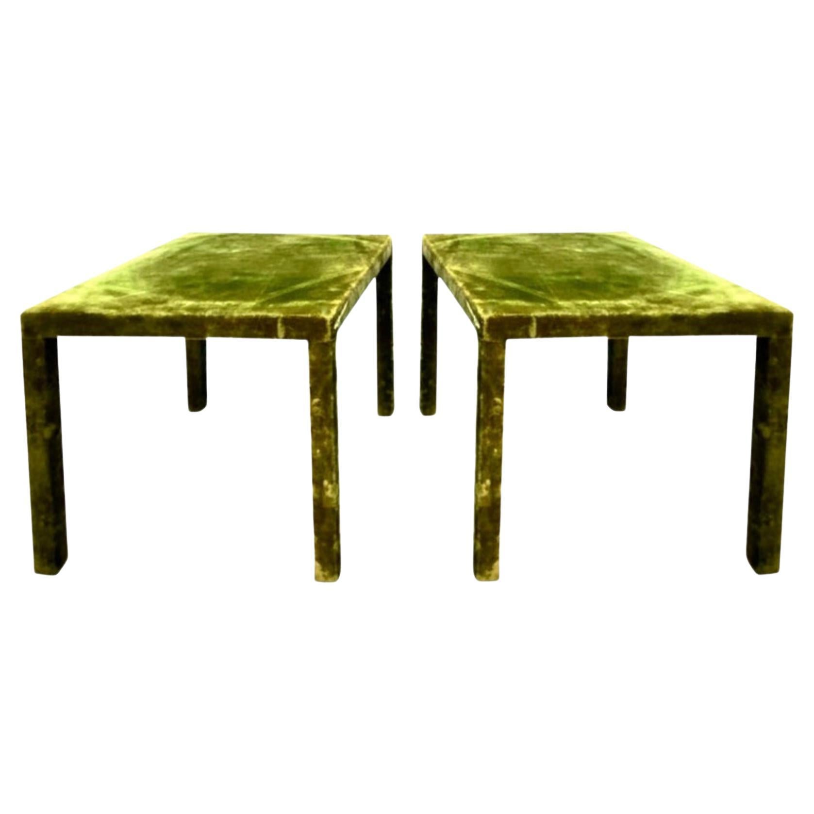 Minimal Vintage Green Silk Velvet Upholstered Occasional Table For Sale