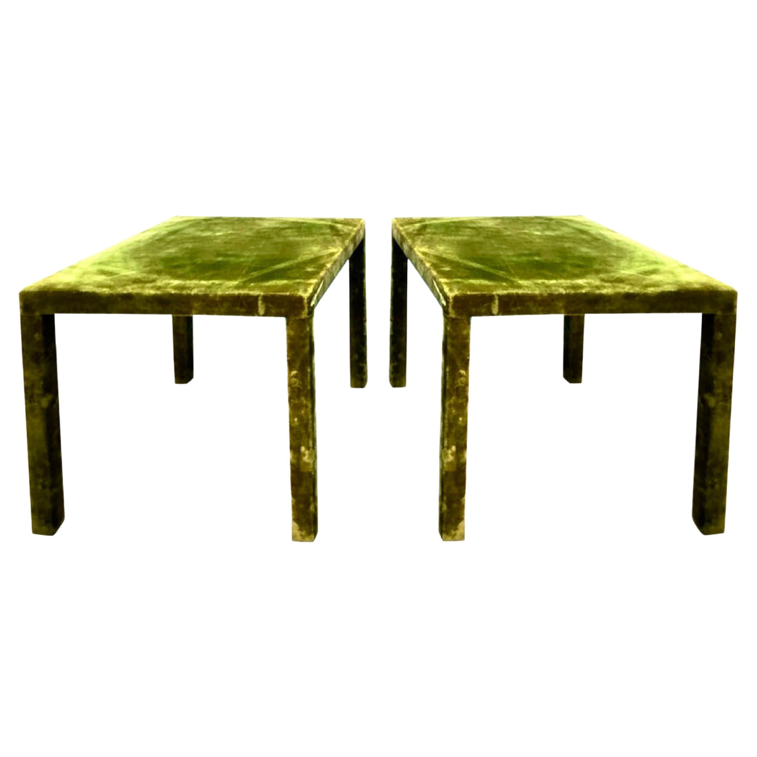 Minimal Vintage Green Velvet Upholstered Occasional Table Set, Silk For Sale