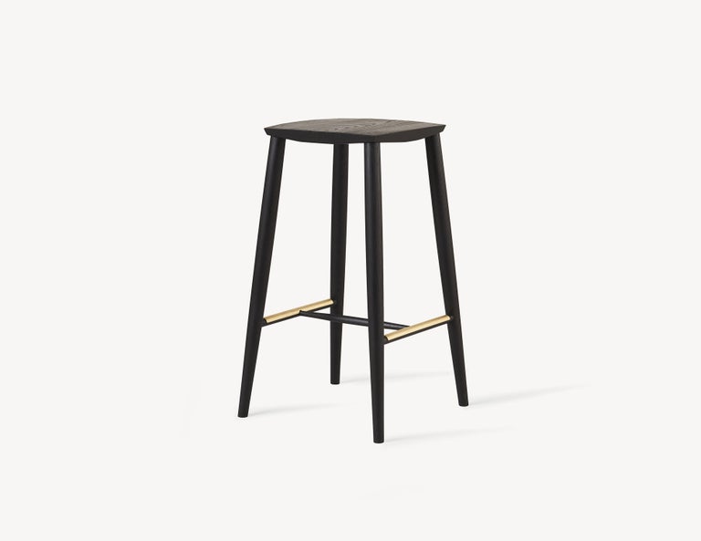 Minimal Bar Stool in Solid White Oak with Brass Foot Rests by Coolican