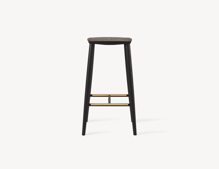 Minimal Bar Stool in Solid White Oak with Brass Foot Rests by Coolican