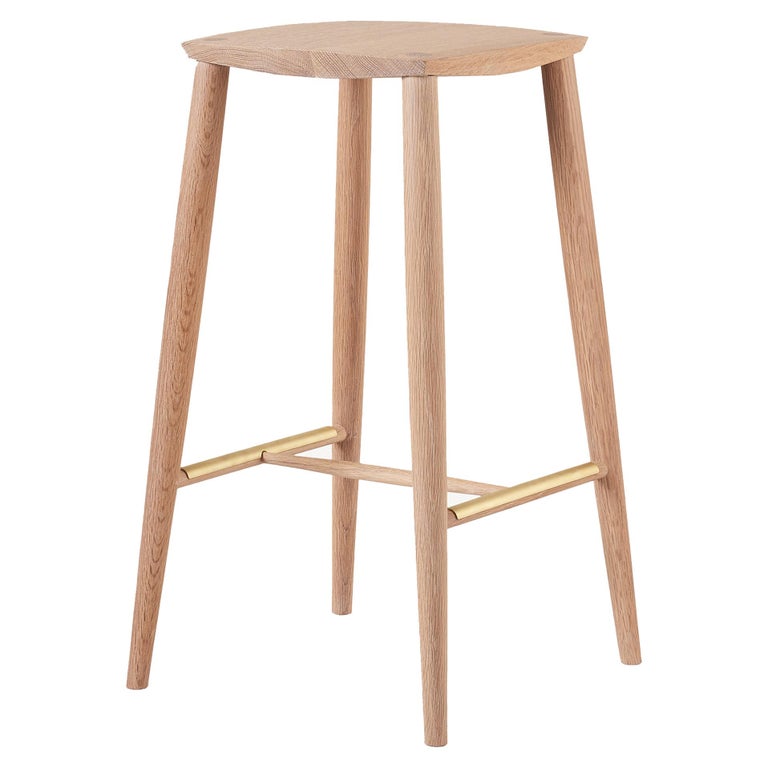 Minimal Bar Stool in Solid White Oak with Brass Foot Rests by Coolican