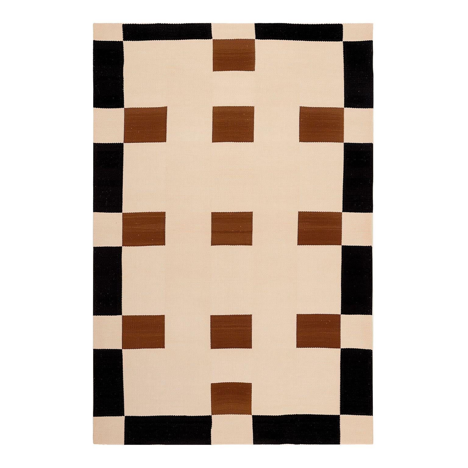 Minimal White Rug Square Geometric Pattern Beige, Yellow Orange & Black