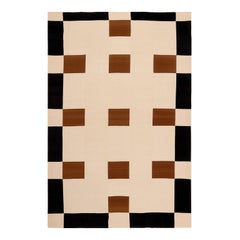 Minimal White Rug Square Geometric Pattern Beige, Yellow Orange & Black