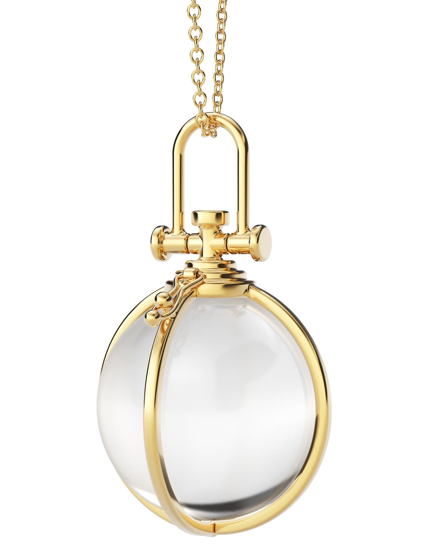Rebecca Li designs sacred and mindfulness jewelry. 
This minimalism crystal orb necklace is from her Crystal Orb Collection. The main design element used is the sacred geometry circle. It represents oneness. 
Natural rock crystal is considered to be